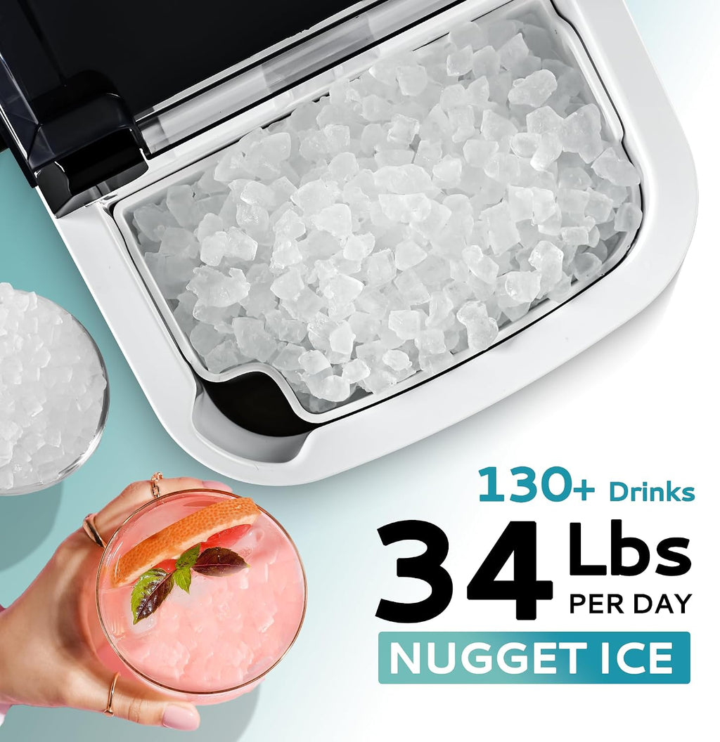 EUHOMY Nugget Ice Maker Countertop with Handle, Ready in 6 Mins, 34lbs Per Day, Removable Top Cover, Auto-Cleaning, Portable Sonic Ice Maker with Basket and Scoop, for Home/Party/RV/Camping (Black) Jansha Store