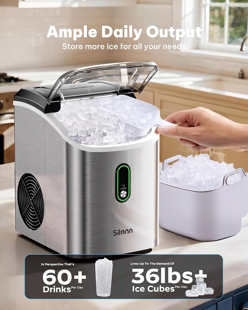 Silonn Nugget Ice Maker, Smart Countertop Ice Machine with APP & Voice Control, Self-Cleaning, 44lbs/24H Soft Chewable Sonic Ice, 3L Tank, for Home Kitchen & Party Jansha Store