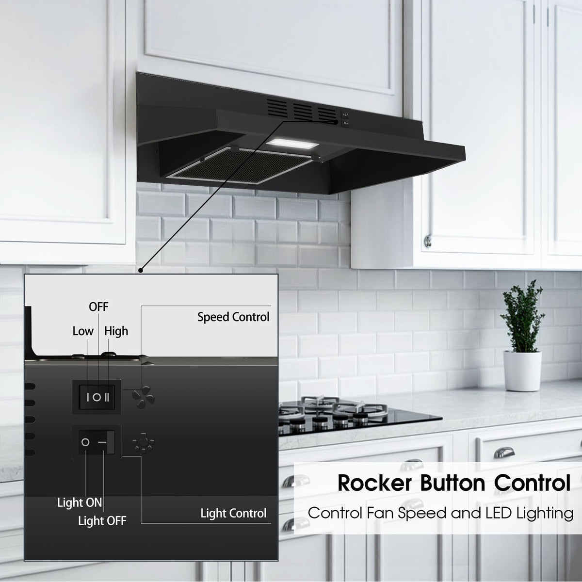 Range Hood 30 inch Under Cabinet, Stainless Steel Kitchen Vent Hood 280CFM, Built-in Kitchen Stove Hood w/Rocker Button Control, Ducted/Ductless Convertible Duct, 2 Speeds Fan, Bright LED Light Jansha Store