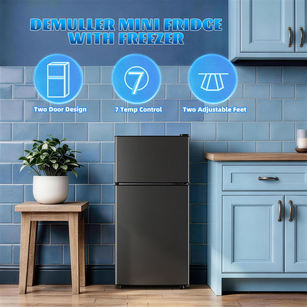 DEMULLER 45L Personal Double‑Door Mini Fridge With Freezer, Black Jansha Store