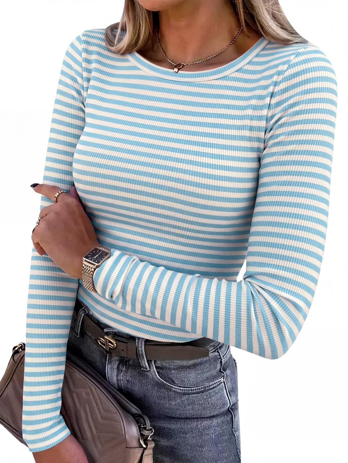 ANRABESS Women Long Sleeve Shirts Ribbed Fitted Tops Jansha Store