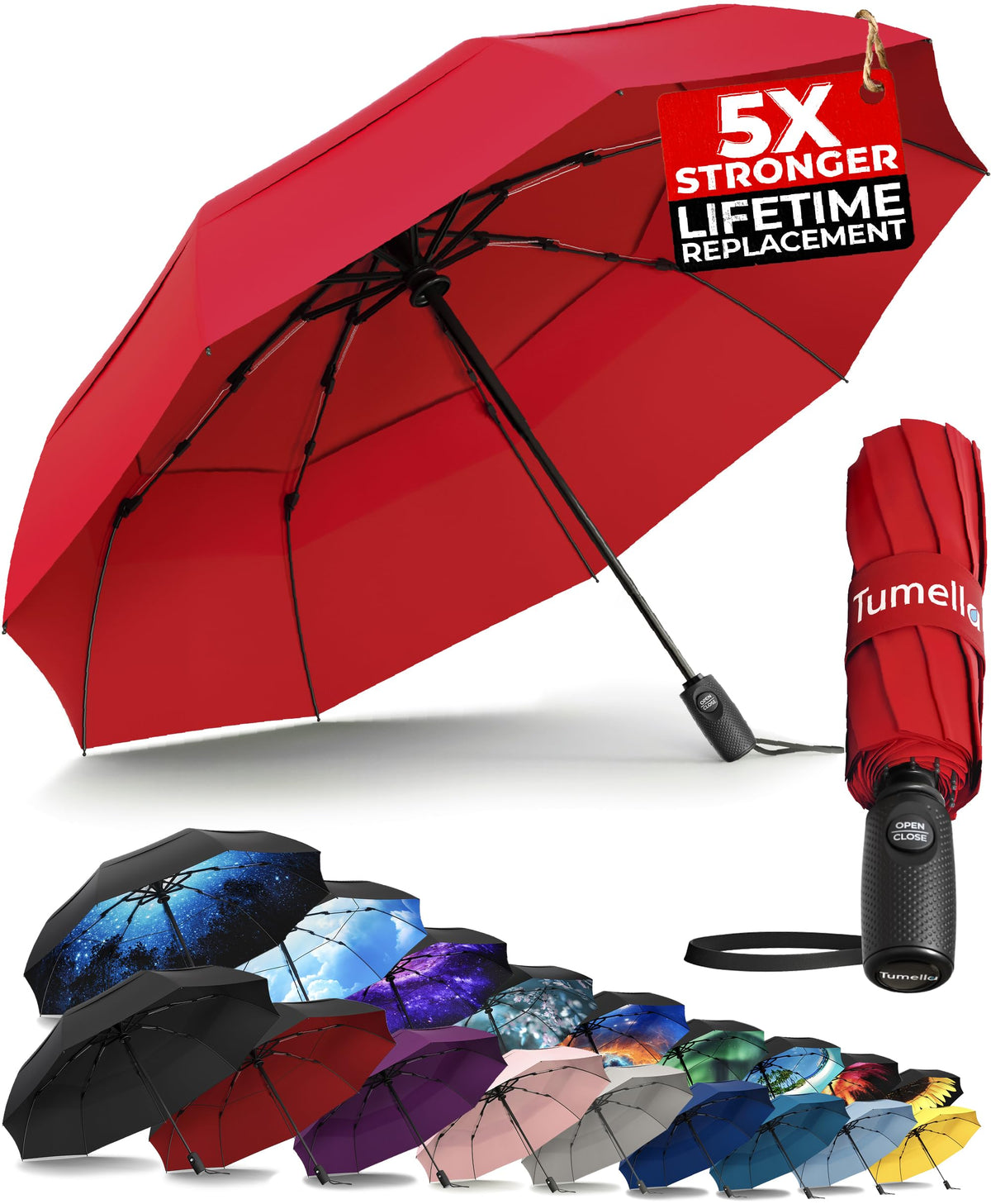 TUMELLA Strongest Windproof Travel Umbrella (Compact, 100MPH Wind-Tested), Light, Portable, One-Handed Use, Automatic Folding Rain Umbrella, Durable, Premium Grip, Fits Car & Backpack Jansha Store