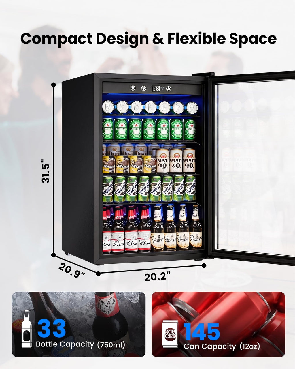 Feelfunn 3.2 Cu. Ft. Beverage Refrigerator, 126-Can Mini Fridge, 34-64°F Jansha Store