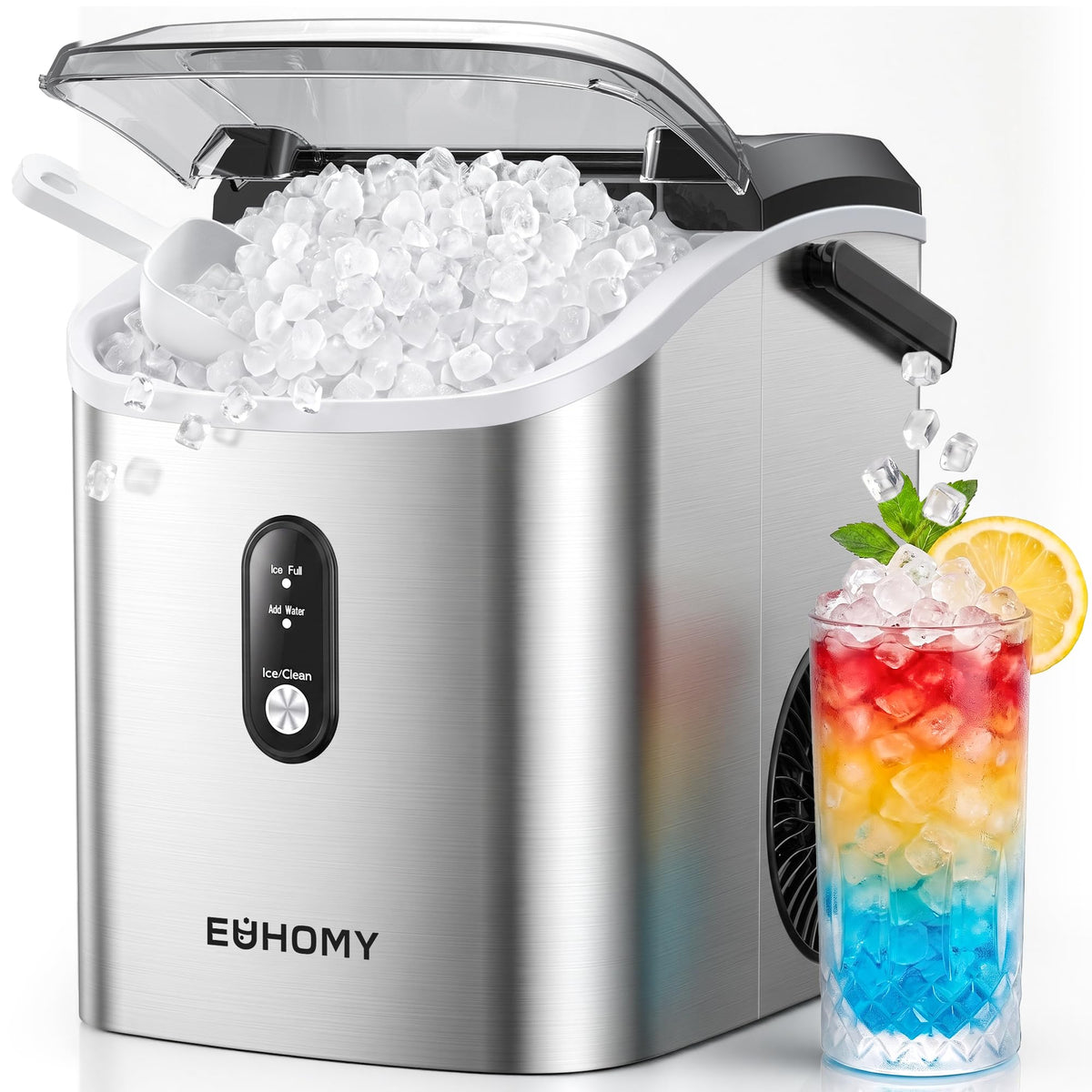 EUHOMY Nugget Ice Maker Countertop with Handle, Ready in 6 Mins, 34lbs Per Day, Removable Top Cover, Auto-Cleaning, Portable Sonic Ice Maker with Basket and Scoop, for Home/Party/RV/Camping (Black) Jansha Store