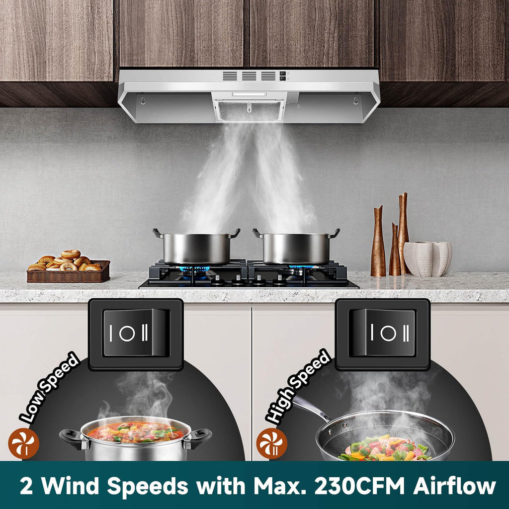 SNDOAS Black Range Hood 36 inch,Ductless Under Cabinet Range Hood Included Carbon Sponge Filter,Ducted Optional,Kitchen Hood 36 inch with 2 Vents,2 Speeds,Hard Wired Stove Vent Jansha Store
