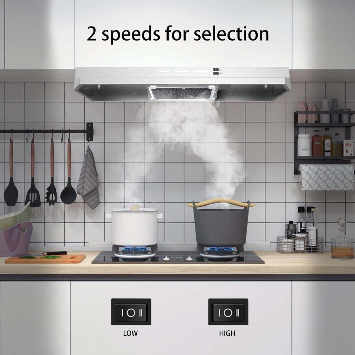 SNDOAS Black Range Hood 36 inch,Ductless Under Cabinet Range Hood Included Carbon Sponge Filter,Ducted Optional,Kitchen Hood 36 inch with 2 Vents,2 Speeds,Hard Wired Stove Vent Jansha Store