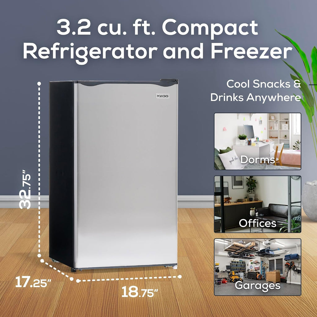 Igloo 3.2 Cu.Ft. Mini Fridge with Freezer - Single Door Compact Refrigerator with Glass Shelves for Homes, Dorms & Offices- Keep Snacks, Drinks & Frozen Foods Cool with Temperature Control Mini Fridge Jansha Store