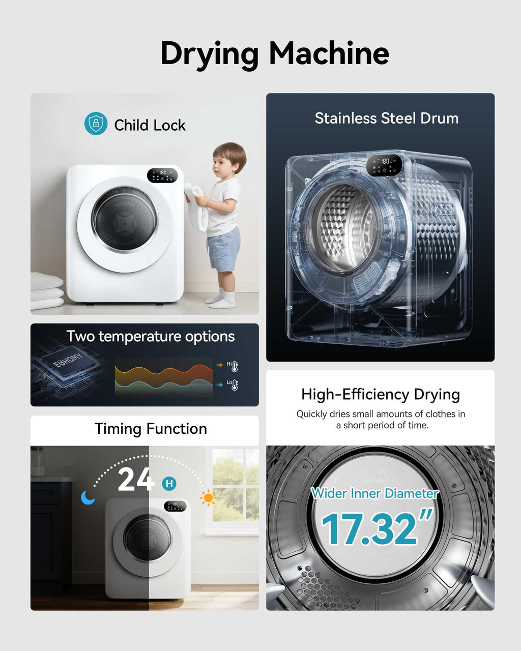 3.5 Cu. Ft. Protable Clothes Dryers with LED Control Jansha Store