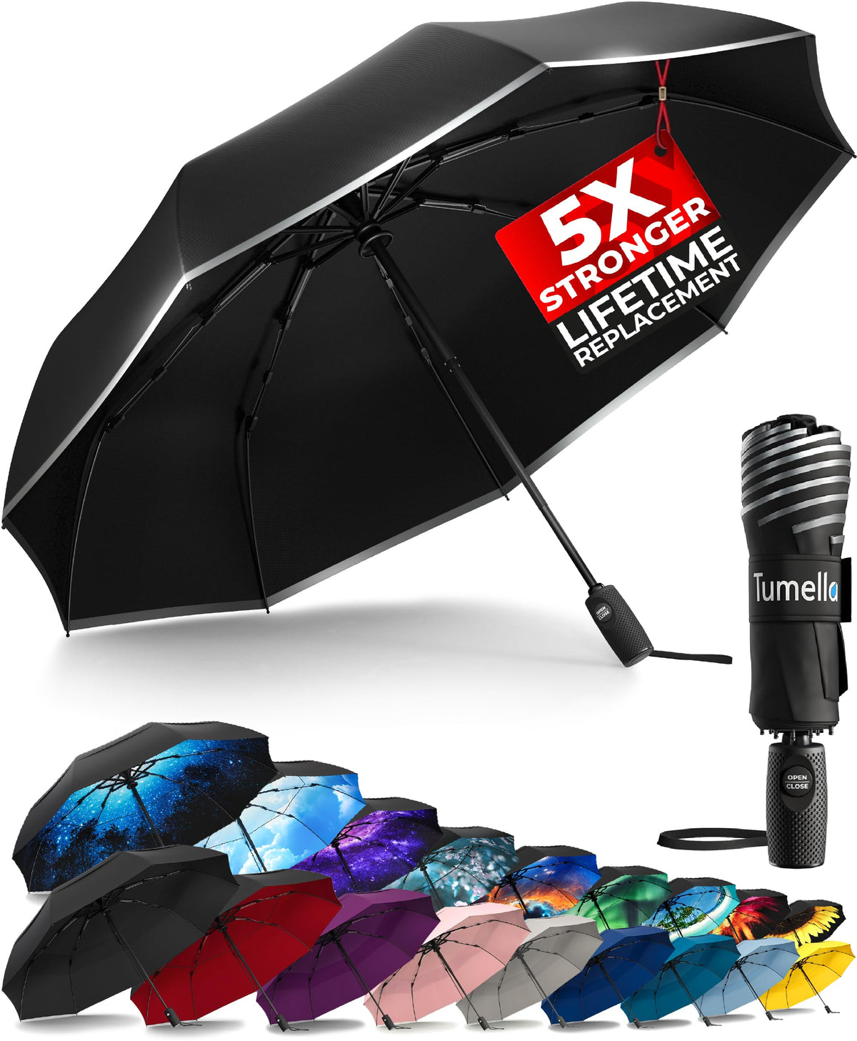 TUMELLA Strongest Windproof Travel Umbrella (Compact, 100MPH Wind-Tested), Light, Portable, One-Handed Use, Automatic Folding Rain Umbrella, Durable, Premium Grip, Fits Car & Backpack Jansha Store