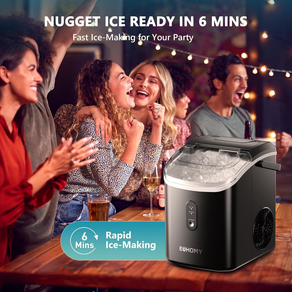 EUHOMY Nugget Ice Maker Countertop with Handle, Ready in 6 Mins, 34lbs Per Day, Removable Top Cover, Auto-Cleaning, Portable Sonic Ice Maker with Basket and Scoop, for Home/Party/RV/Camping (Black) Jansha Store