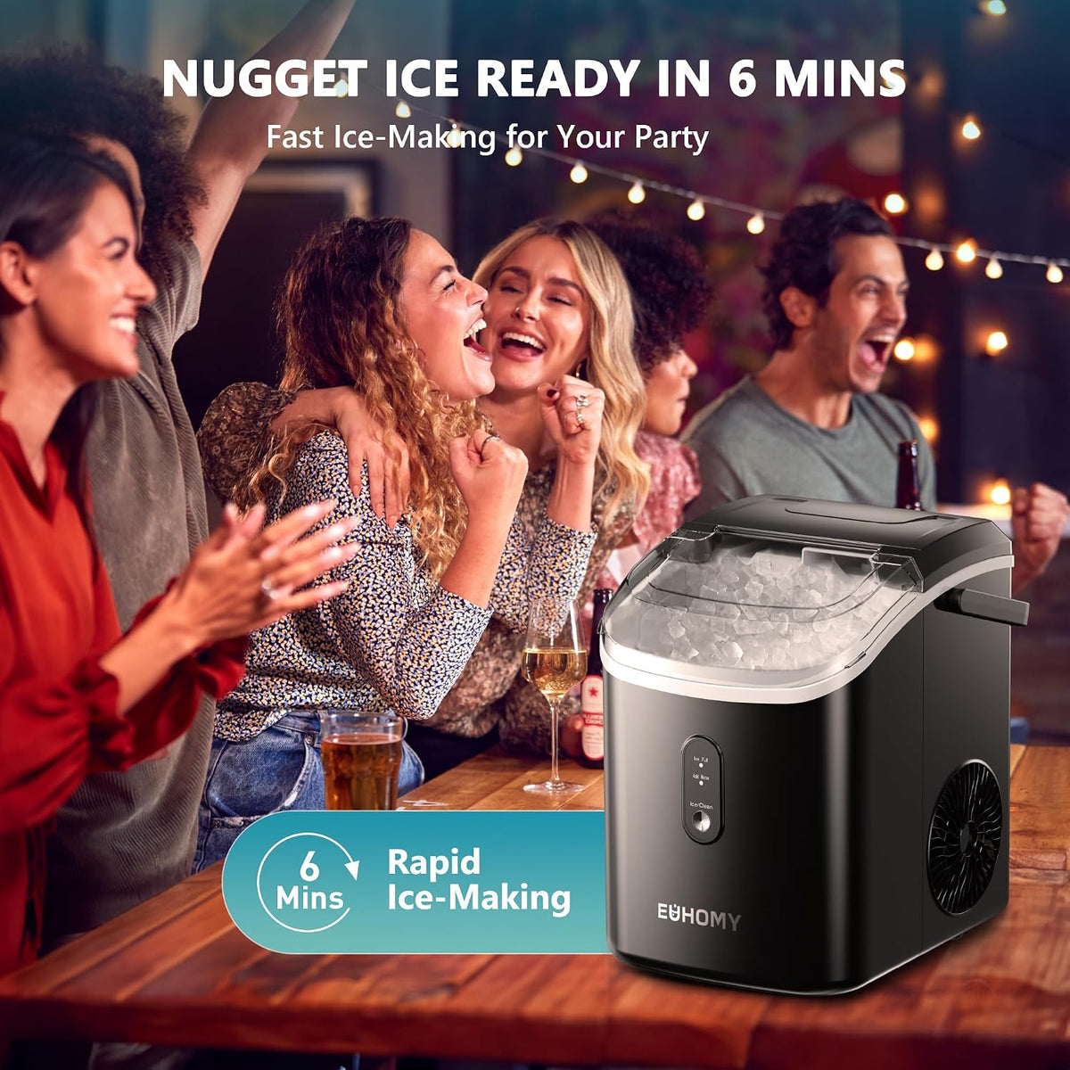 EUHOMY Nugget Ice Maker Countertop with Handle, Ready in 6 Mins, 34lbs Per Day, Removable Top Cover, Auto-Cleaning, Portable Sonic Ice Maker with Basket and Scoop, for Home/Party/RV/Camping (Black) Jansha Store