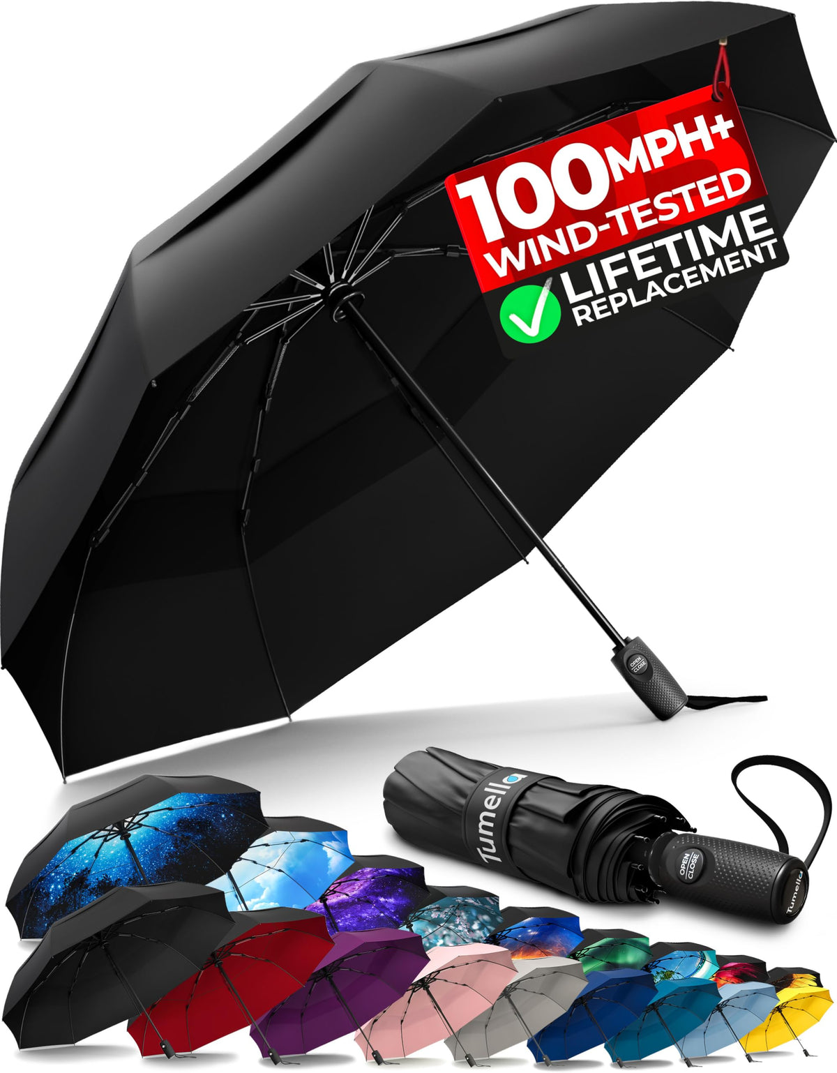 TUMELLA Strongest Windproof Travel Umbrella (Compact, 100MPH Wind-Tested), Light, Portable, One-Handed Use, Automatic Folding Rain Umbrella, Durable, Premium Grip, Fits Car & Backpack Jansha Store
