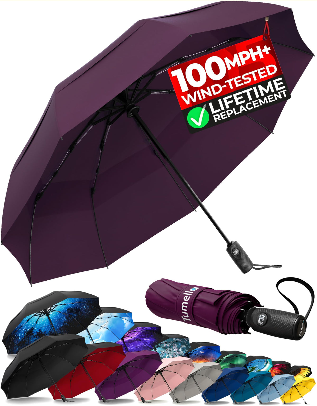 TUMELLA Strongest Windproof Travel Umbrella (Compact, 100MPH Wind-Tested), Light, Portable, One-Handed Use, Automatic Folding Rain Umbrella, Durable, Premium Grip, Fits Car & Backpack Jansha Store
