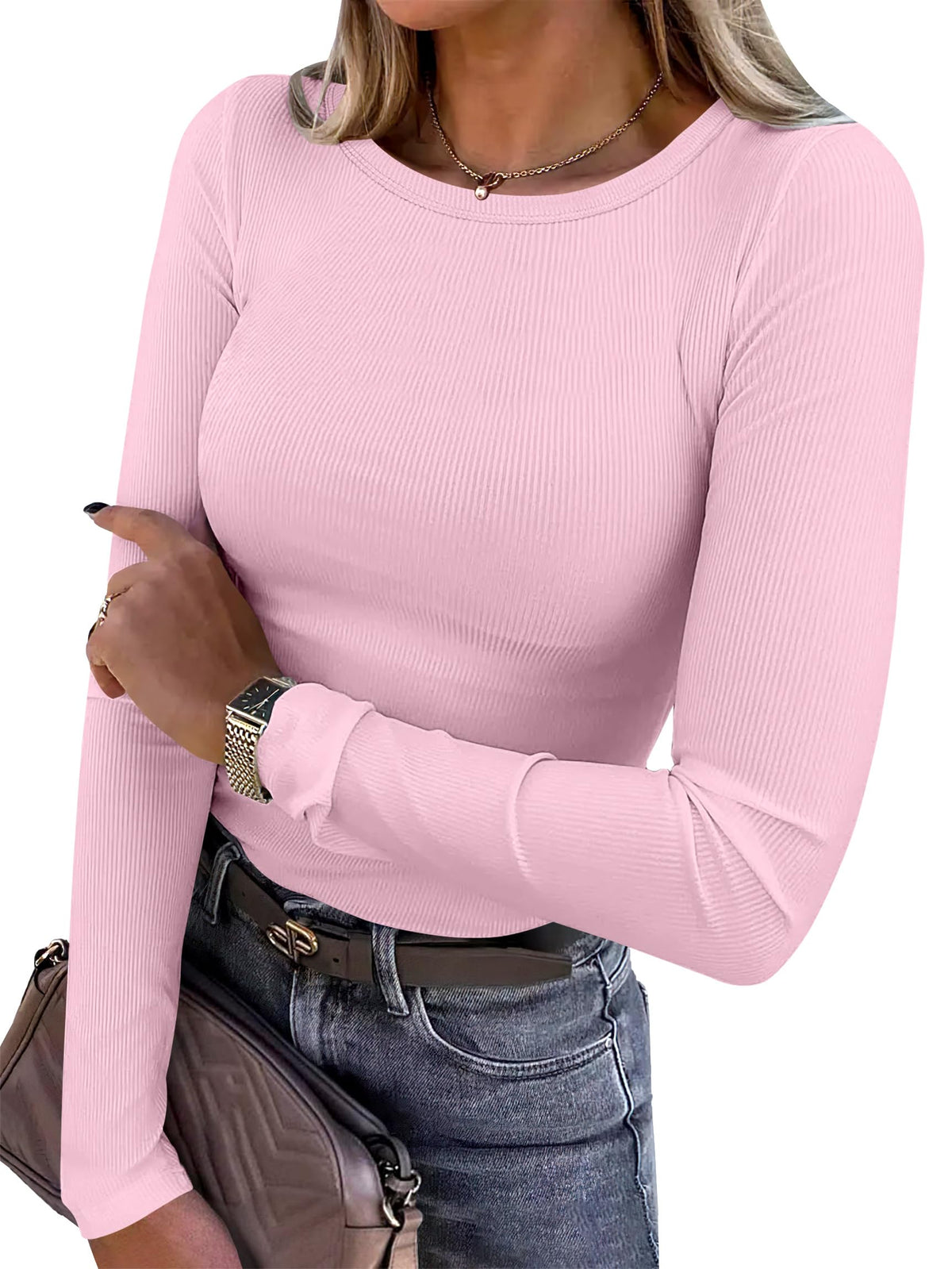 ANRABESS Women Long Sleeve Shirts Ribbed Fitted Tops Jansha Store