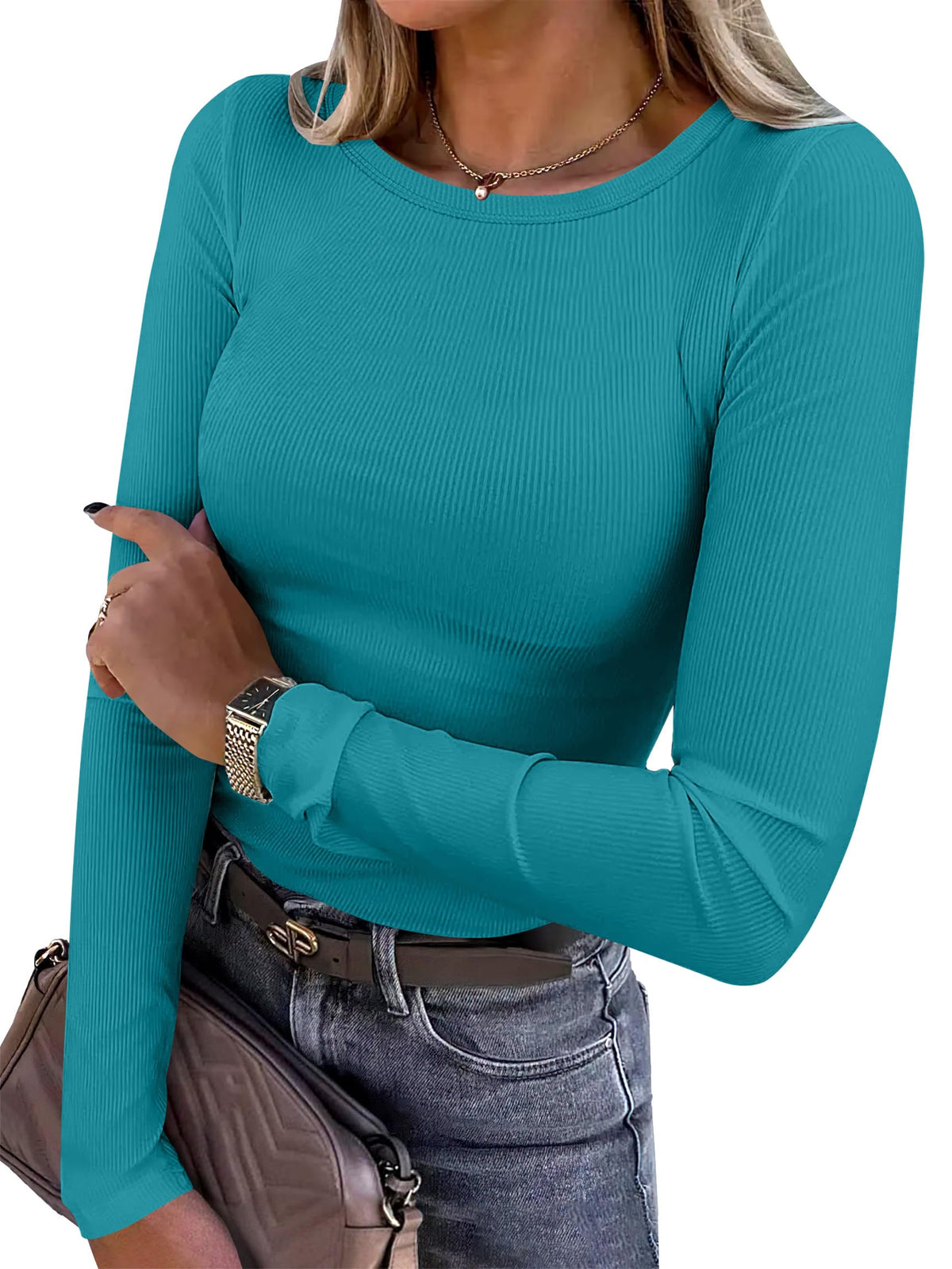 ANRABESS Women Long Sleeve Shirts Ribbed Fitted Tops Jansha Store