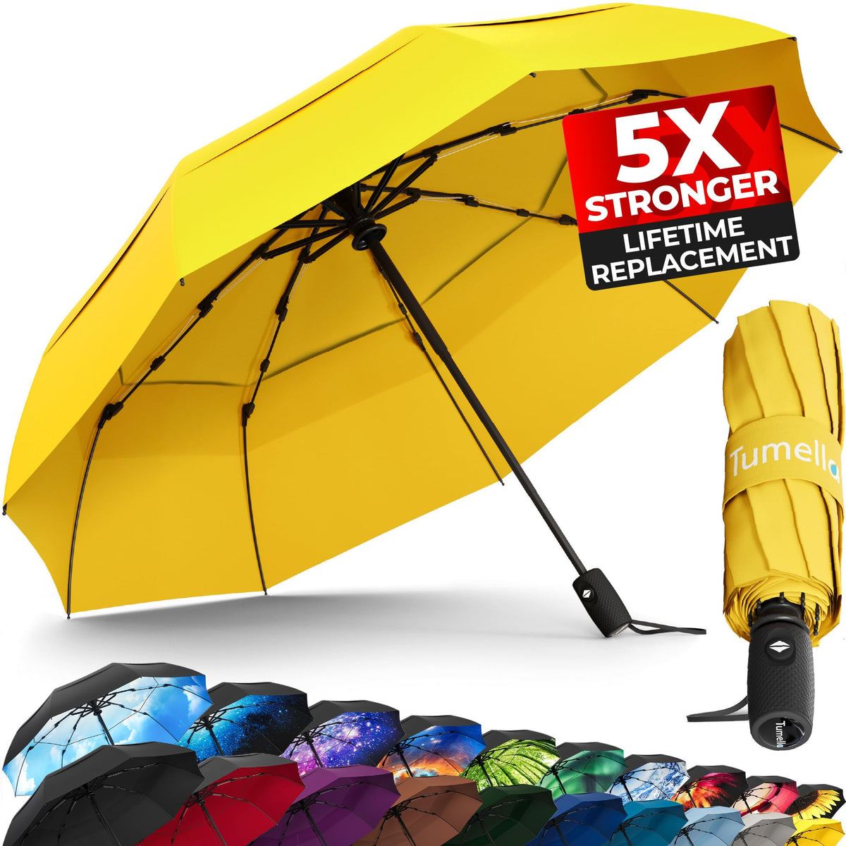 TUMELLA Strongest Windproof Travel Umbrella (Compact, 100MPH Wind-Tested), Light, Portable, One-Handed Use, Automatic Folding Rain Umbrella, Durable, Premium Grip, Fits Car & Backpack Jansha Store
