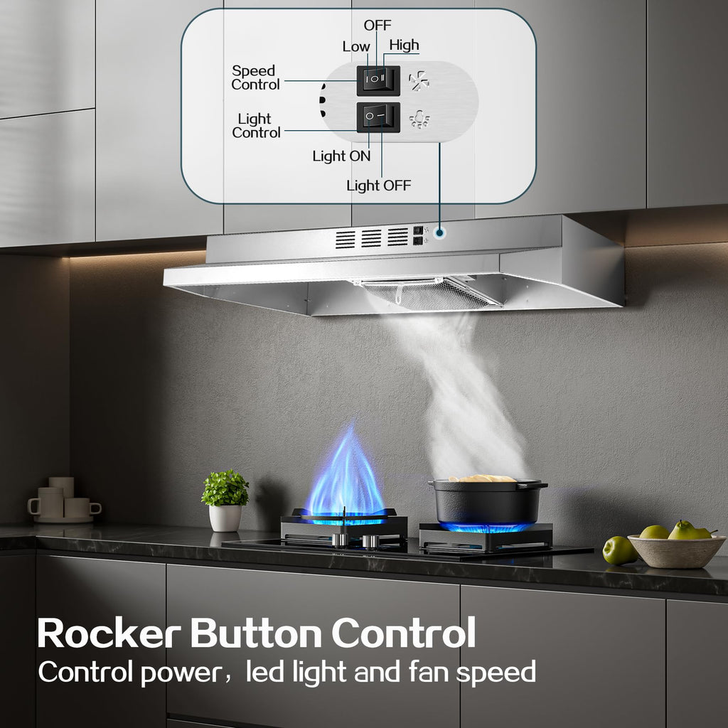 Range Hood 30 inch Under Cabinet, Stainless Steel Kitchen Vent Hood 280CFM, Built-in Kitchen Stove Hood w/Rocker Button Control, Ducted/Ductless Convertible Duct, 2 Speeds Fan, Bright LED Light Jansha Store
