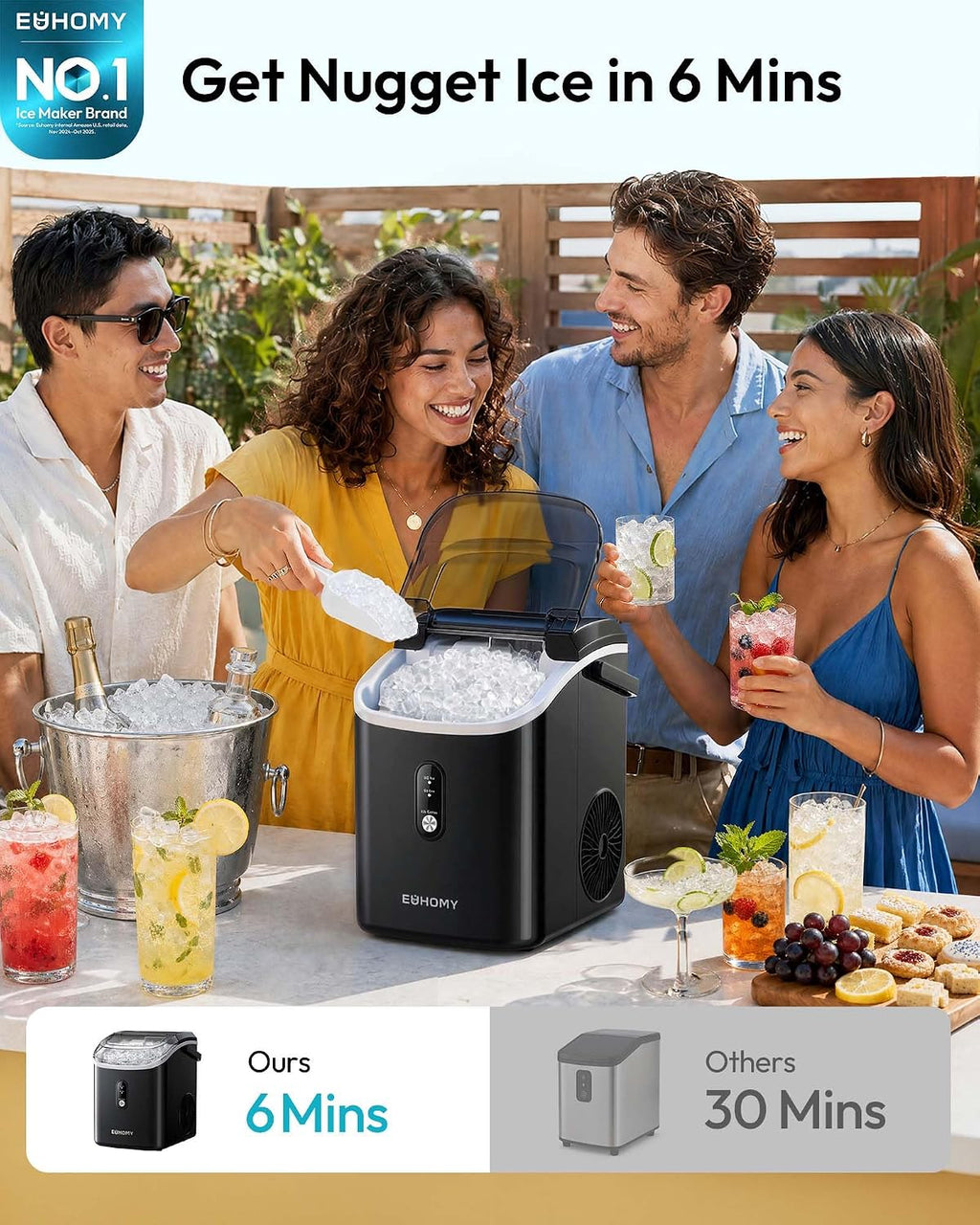 EUHOMY Nugget Ice Maker Countertop with Handle, Ready in 6 Mins, 34lbs Per Day, Removable Top Cover, Auto-Cleaning, Portable Sonic Ice Maker with Basket and Scoop, for Home/Party/RV/Camping (Black) Jansha Store