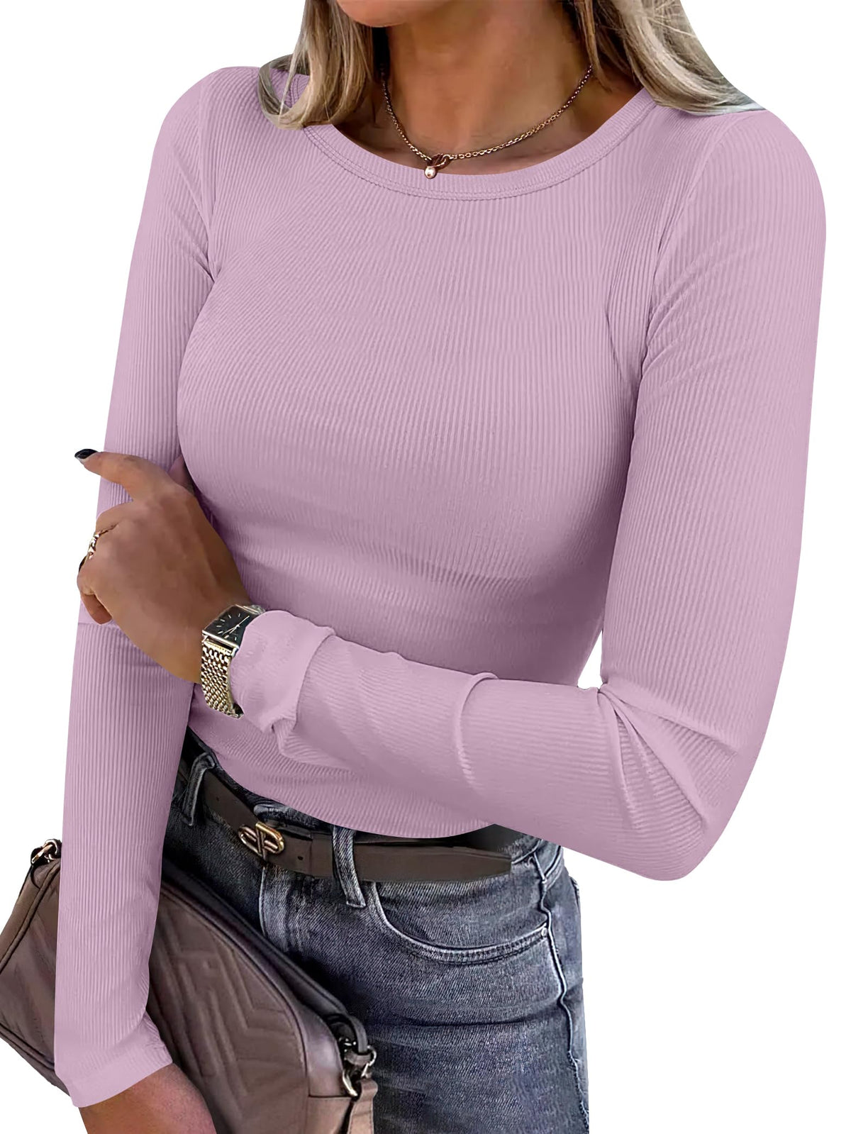 ANRABESS Women Long Sleeve Shirts Ribbed Fitted Tops Jansha Store
