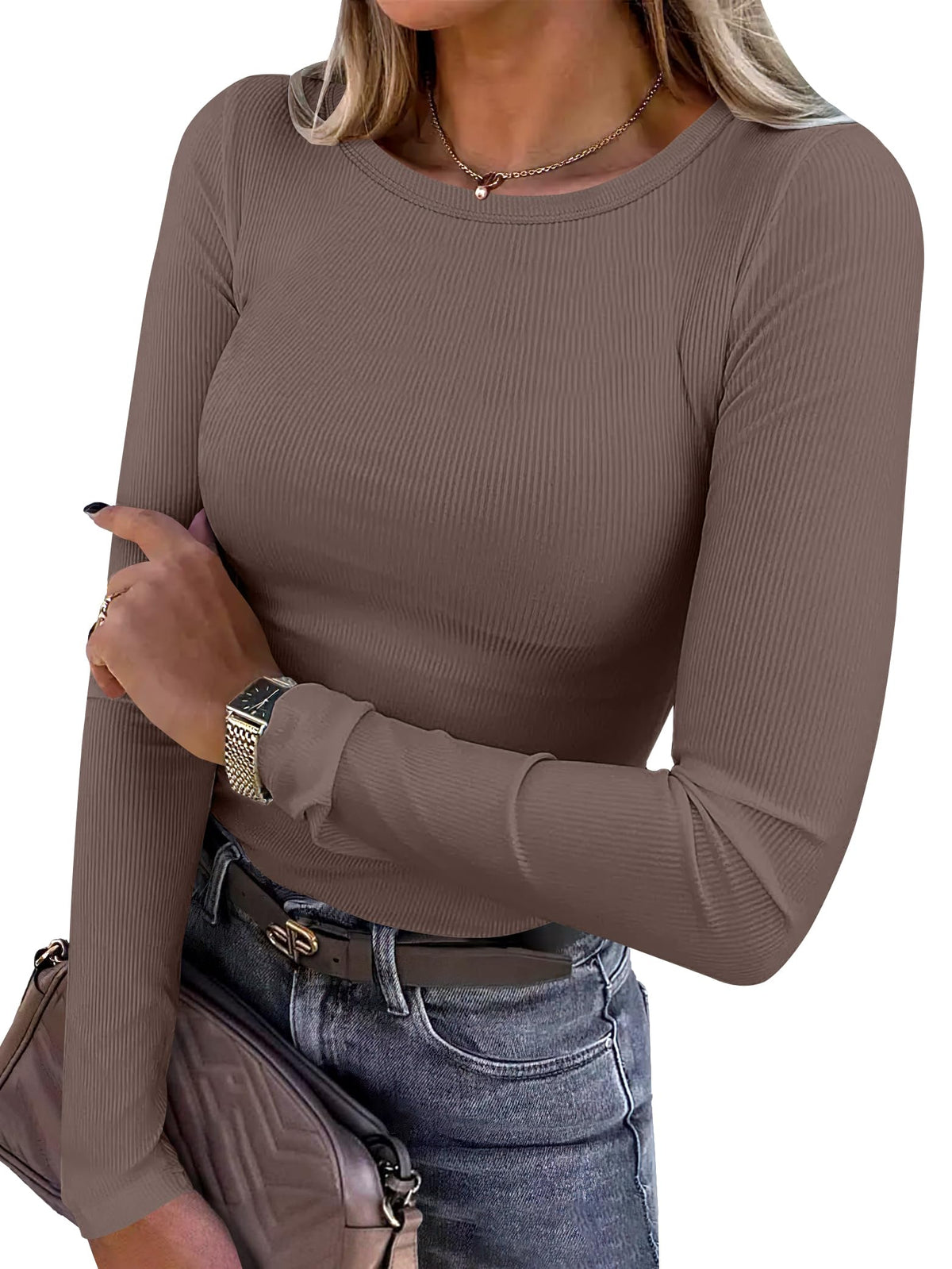 ANRABESS Women Long Sleeve Shirts Ribbed Fitted Tops Jansha Store