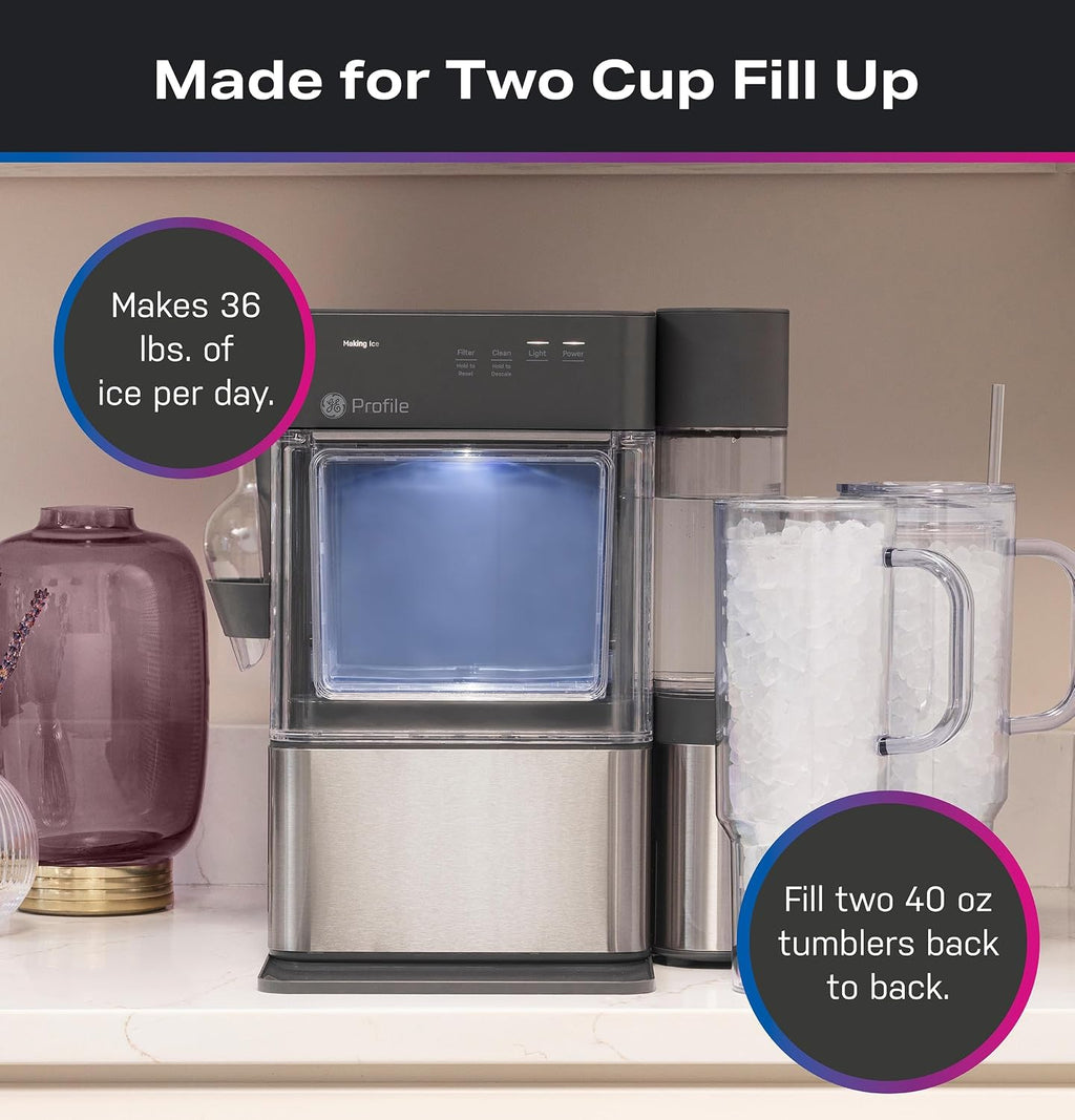 GE Profile Opal MINI PRO Nugget Ice Maker w/Side Tank, Portable Countertop Pebble Ice Machine, 36 lbs/Day, Top Fill, 6 Pack Descaler & Scoop, Stainless Steel Jansha Store
