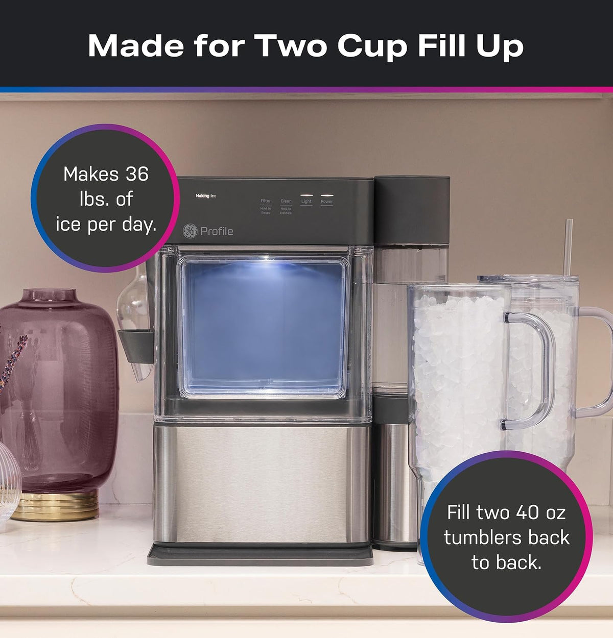 GE Profile Opal MINI PRO Nugget Ice Maker w/Side Tank, Portable Countertop Pebble Ice Machine, 36 lbs/Day, Top Fill, 6 Pack Descaler & Scoop, Stainless Steel Jansha Store