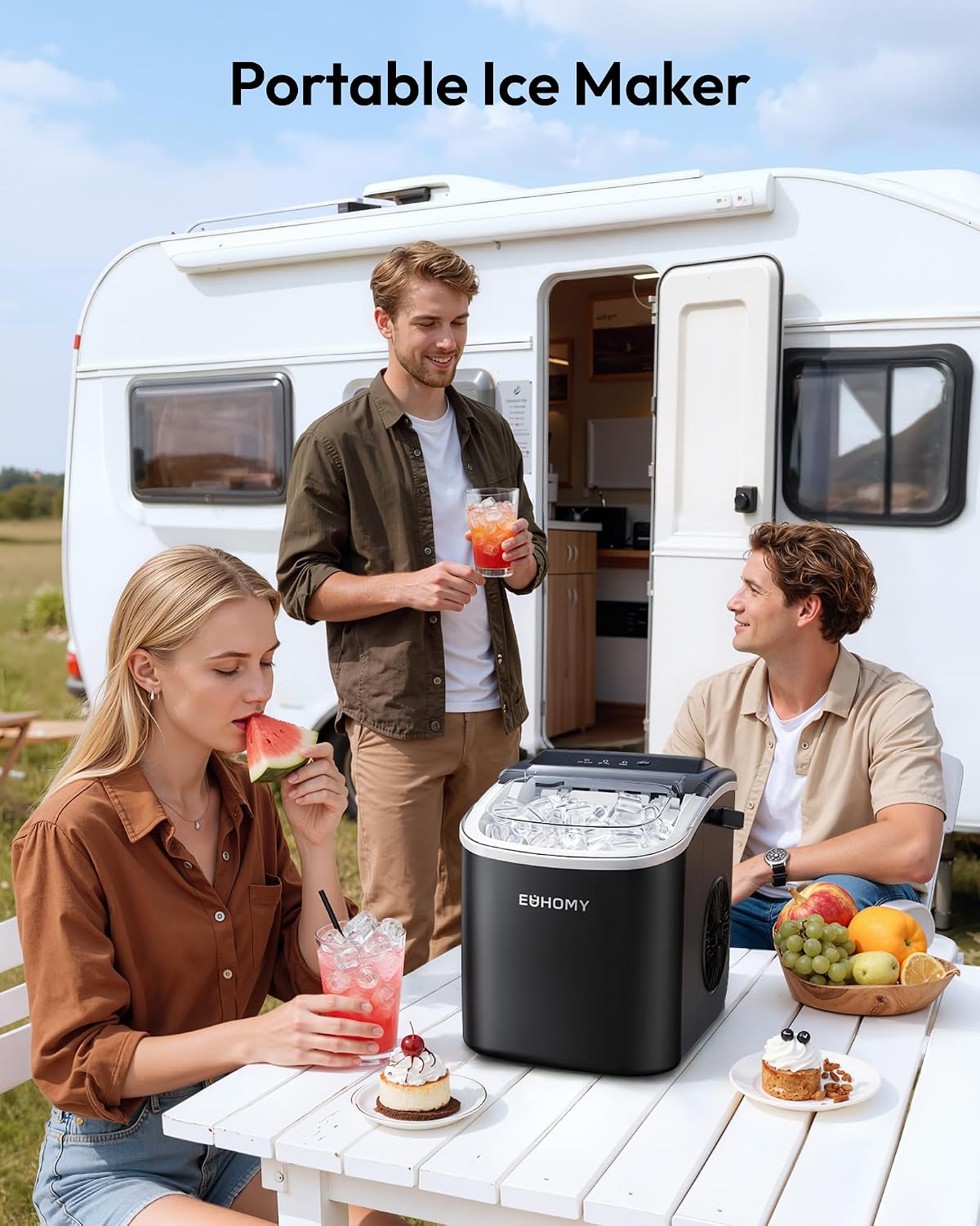 EUHOMY Countertop Ice Maker Machine with Handle, 26lbs in 24Hrs, 9 Ice Cubes Ready in 6 Mins, Auto-Cleaning Portable Ice Maker with Basket and Scoop, for Home/Kitchen/Camping/RV. (Black) Jansha Store