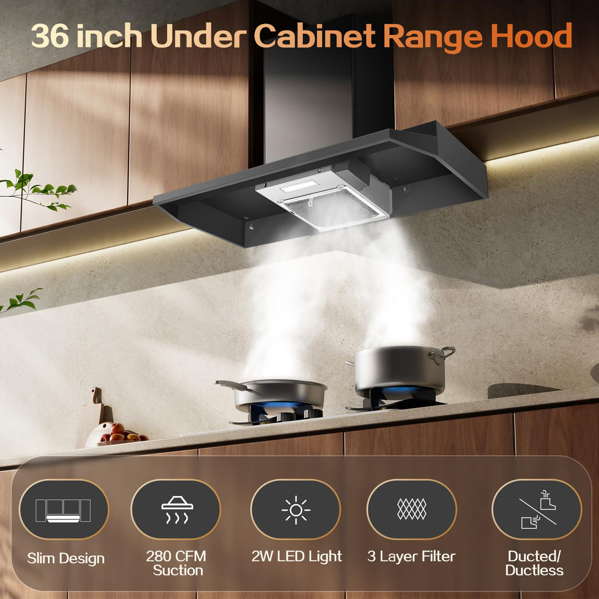Range Hood 30 inch Under Cabinet, Stainless Steel Kitchen Vent Hood 280CFM, Built-in Kitchen Stove Hood w/Rocker Button Control, Ducted/Ductless Convertible Duct, 2 Speeds Fan, Bright LED Light Jansha Store