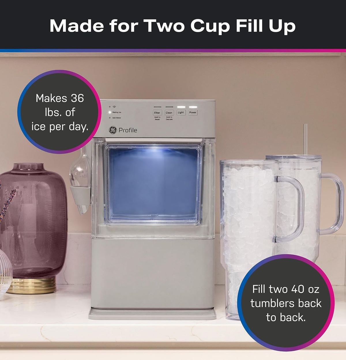 GE Profile Opal Mini Nugget Ice Maker, Portable Countertop Pellet Ice Machine, Soft Chewable Ice, 36 lbs Per Day, Top Fill Water Reservoir, 2 lb Bin, 6 Pack Descaler & Scoop Included, Stone Grey Jansha Store