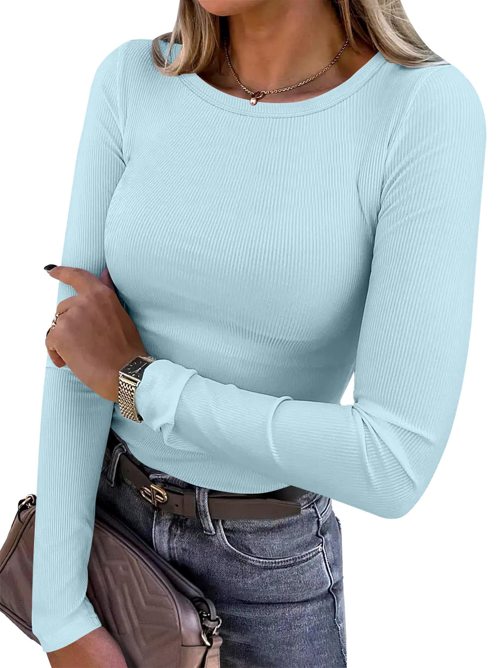 ANRABESS Women Long Sleeve Shirts Ribbed Fitted Tops Jansha Store