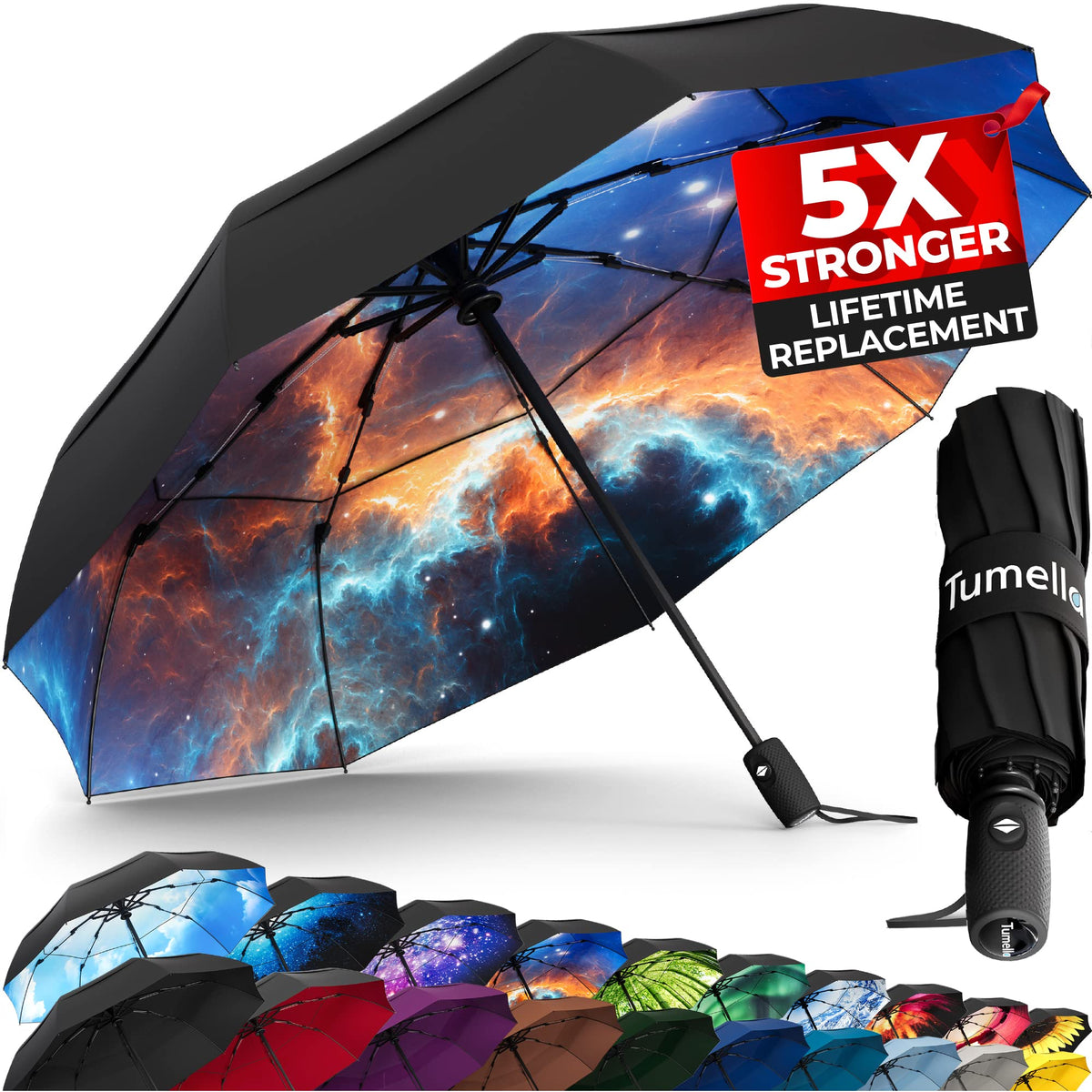 TUMELLA Strongest Windproof Travel Umbrella (Compact, 100MPH Wind-Tested), Light, Portable, One-Handed Use, Automatic Folding Rain Umbrella, Durable, Premium Grip, Fits Car & Backpack Jansha Store