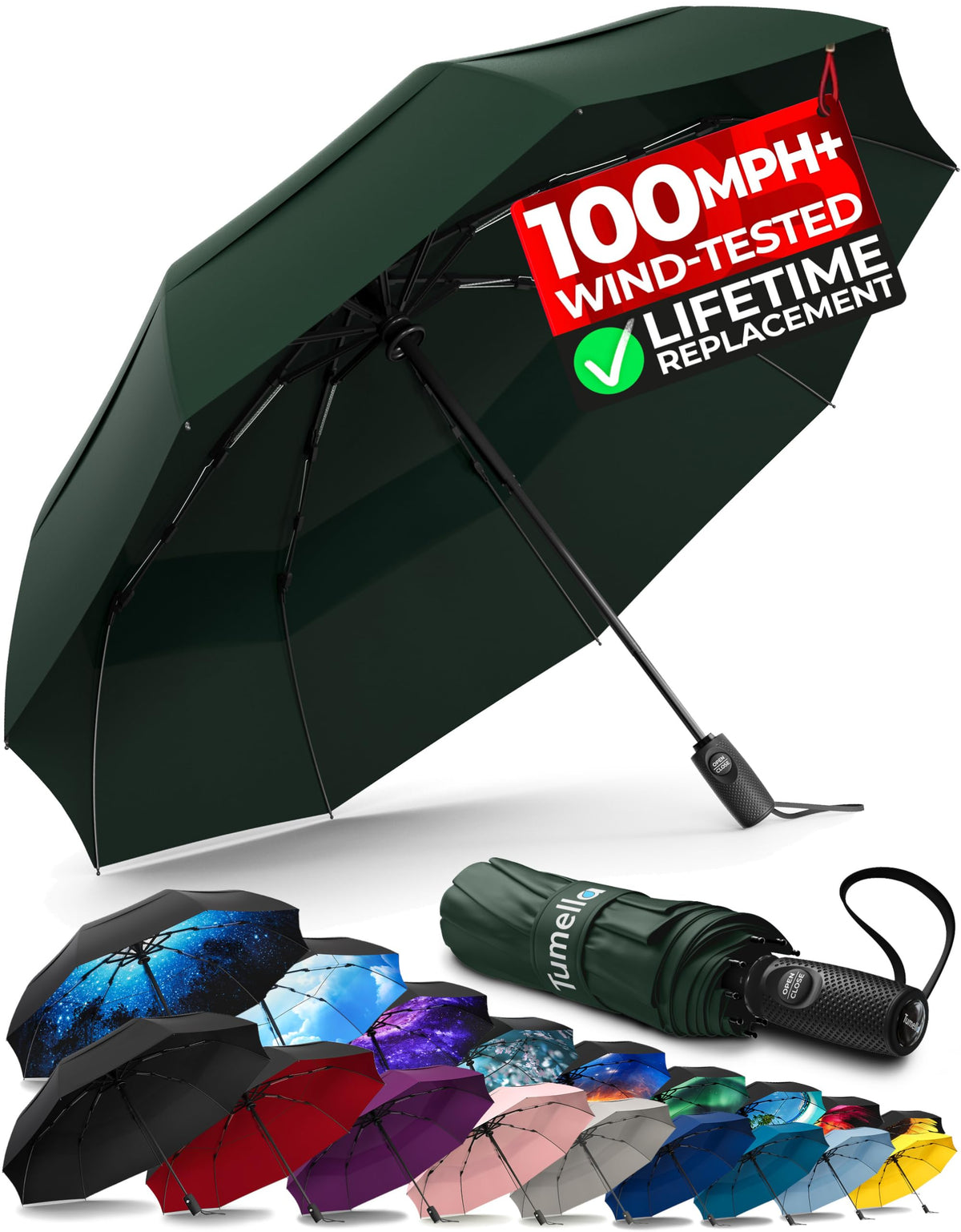 TUMELLA Strongest Windproof Travel Umbrella (Compact, 100MPH Wind-Tested), Light, Portable, One-Handed Use, Automatic Folding Rain Umbrella, Durable, Premium Grip, Fits Car & Backpack Jansha Store