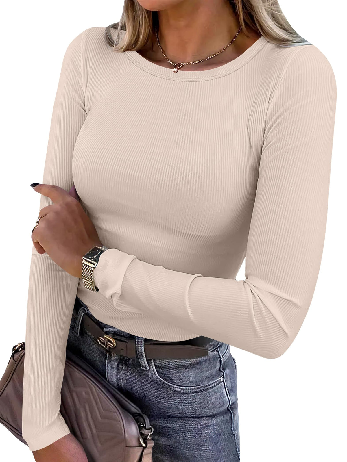 ANRABESS Women Long Sleeve Shirts Ribbed Fitted Tops Jansha Store