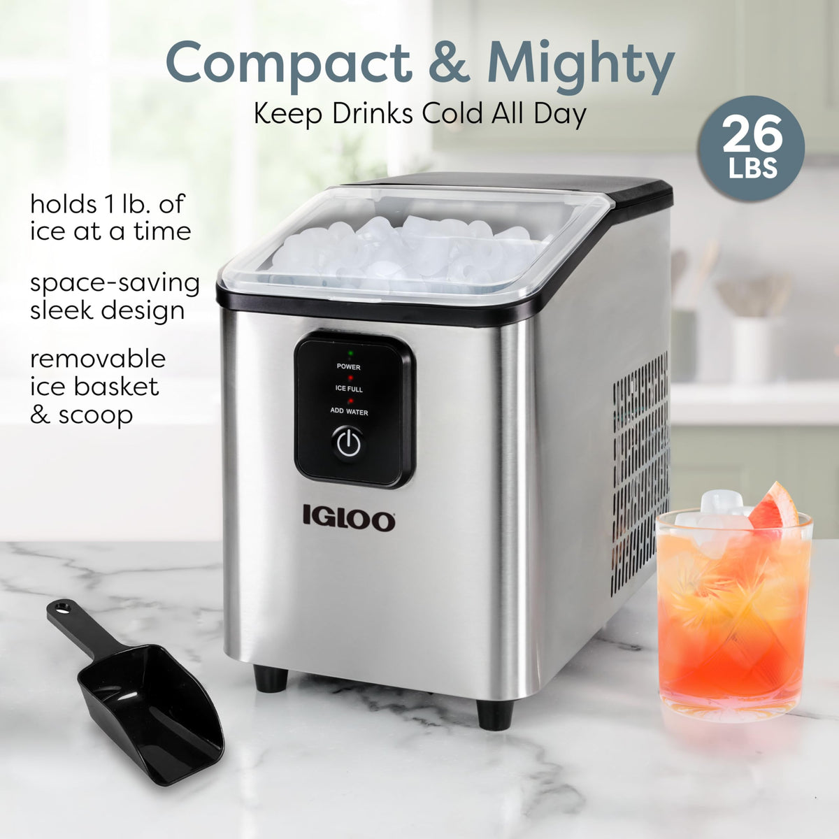 Igloo Portable Ice Maker with Scoop - Ice Maker with LED Control Panel & 1.5 Quart Water Tank - Stainless Ice Cube Maker Produces 26 Lbs. of Ice in 24 Hours with 9 Large or Small Cubes in 7 Minutes Jansha Store