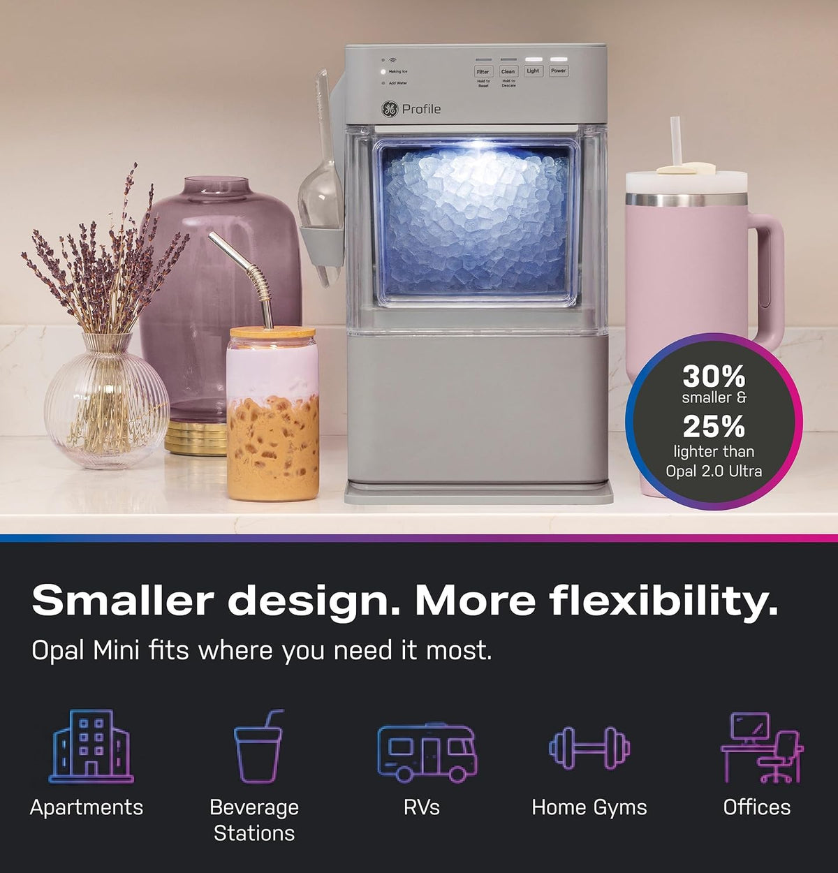 GE Profile Opal Mini Nugget Ice Maker, Portable Countertop Pellet Ice Machine, Soft Chewable Ice, 36 lbs Per Day, Top Fill Water Reservoir, 2 lb Bin, 6 Pack Descaler & Scoop Included, Stone Grey Jansha Store