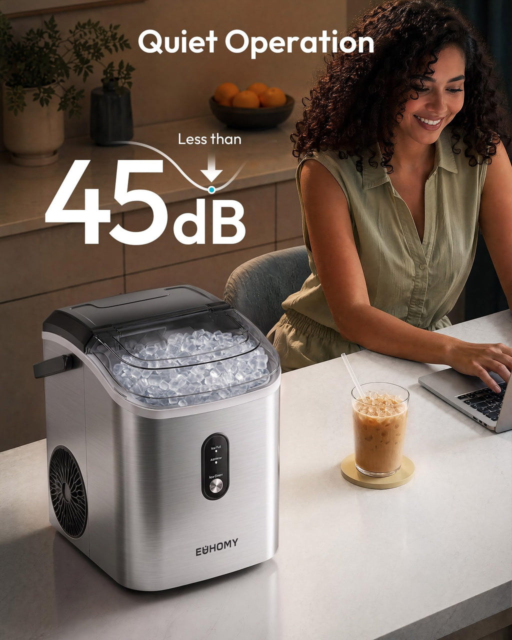 EUHOMY Nugget Ice Maker Countertop with Handle, Ready in 6 Mins, 34lbs Per Day, Removable Top Cover, Auto-Cleaning, Portable Sonic Ice Maker with Basket and Scoop, for Home/Party/RV/Camping (Black) Jansha Store