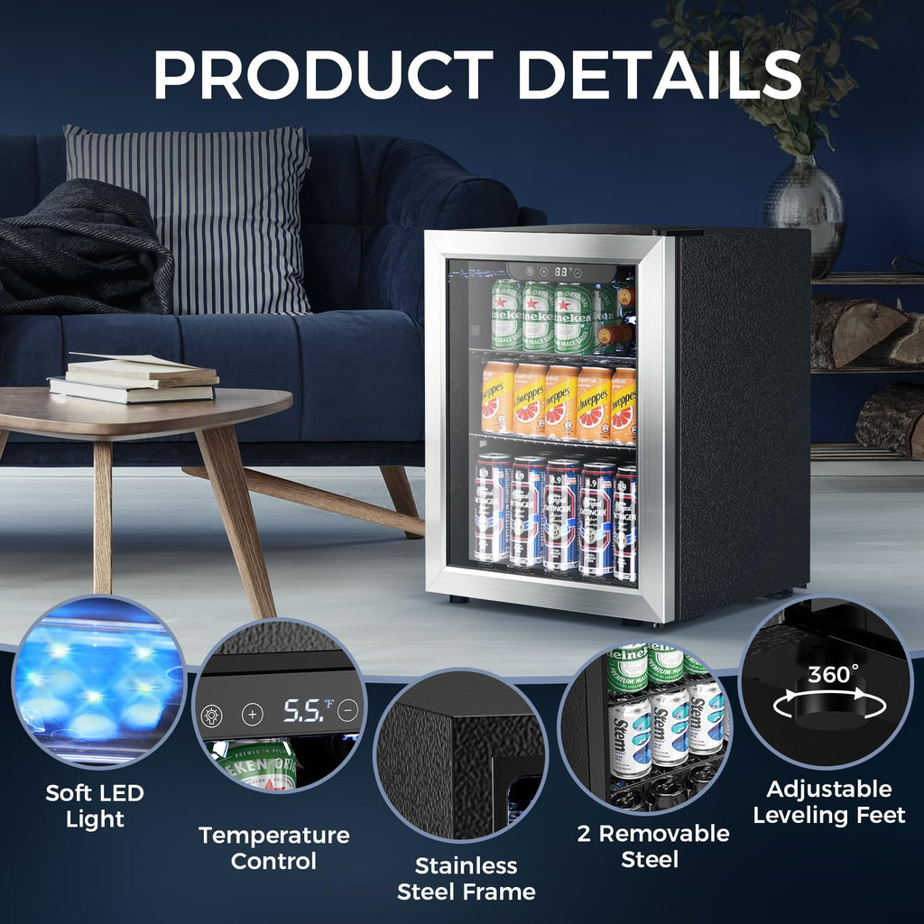 Electactic Mini Fridge 130 Can Beverage Refrigerator Cooler, 3.2 Cu.Ft Drink Fridge for Soda Wine Beer, Adjustable Temperature Control for Home Office, Black Jansha Store