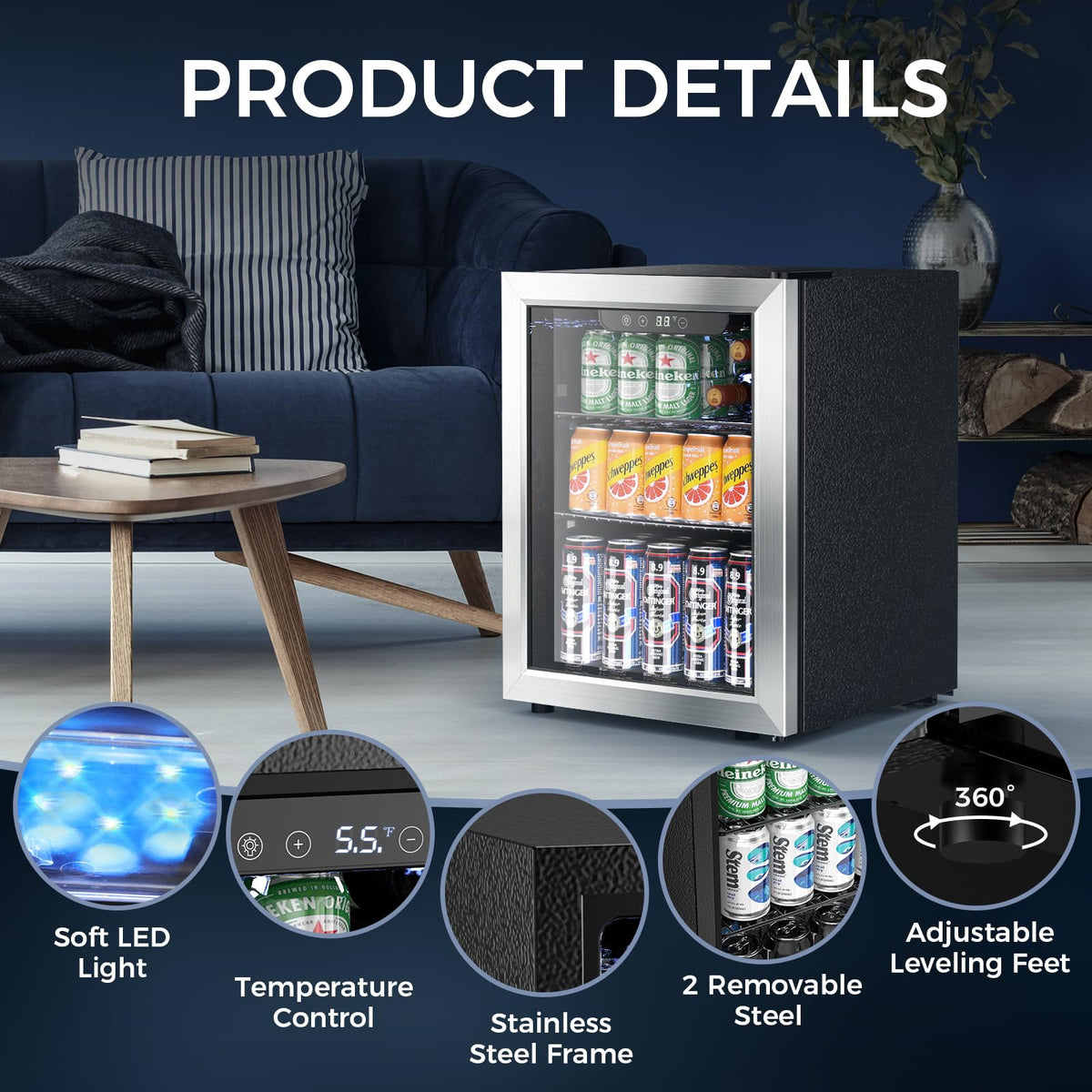Electactic Mini Fridge 130 Can Beverage Refrigerator Cooler, 3.2 Cu.Ft Drink Fridge for Soda Wine Beer, Adjustable Temperature Control for Home Office, Black Jansha Store