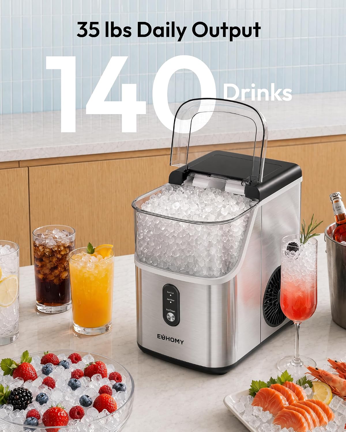 EUHOMY Nugget Ice Maker Countertop, Ready in 7 Mins, 35Lbs/24H Pebble Ice Maker Machine, Self-Cleaning Countertop Sonic Ice Makers with Ice Scoop&Basket, Pellet Ice Maker for Home, Stainless Steel Jansha Store