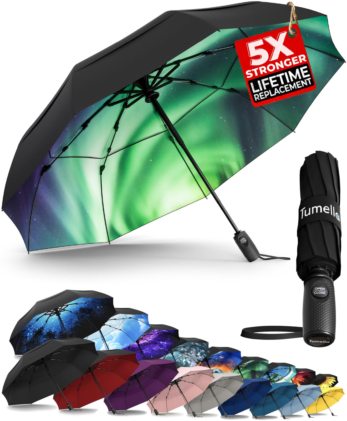 TUMELLA Strongest Windproof Travel Umbrella (Compact, 100MPH Wind-Tested), Light, Portable, One-Handed Use, Automatic Folding Rain Umbrella, Durable, Premium Grip, Fits Car & Backpack Jansha Store