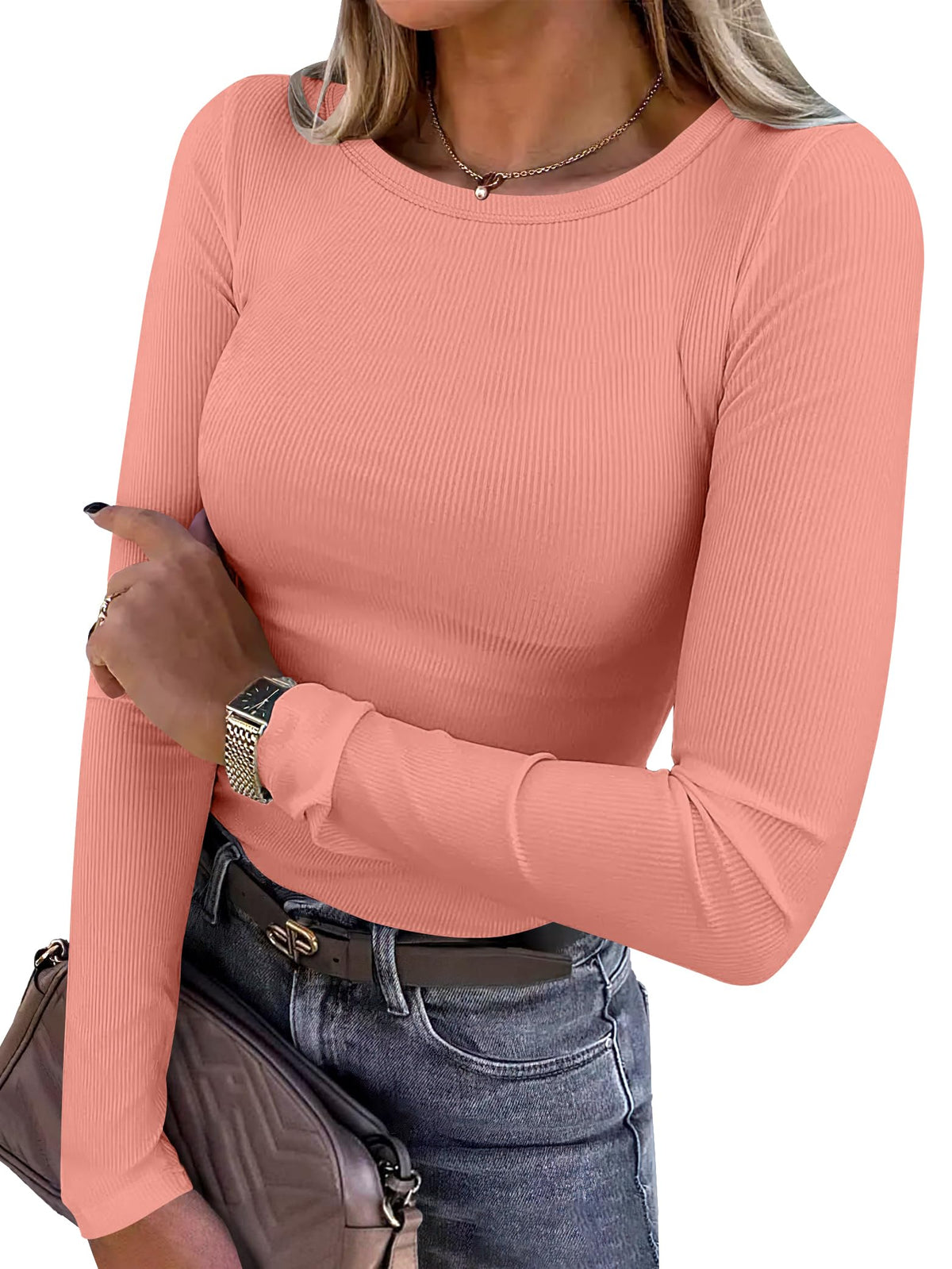 ANRABESS Women Long Sleeve Shirts Ribbed Fitted Tops Jansha Store