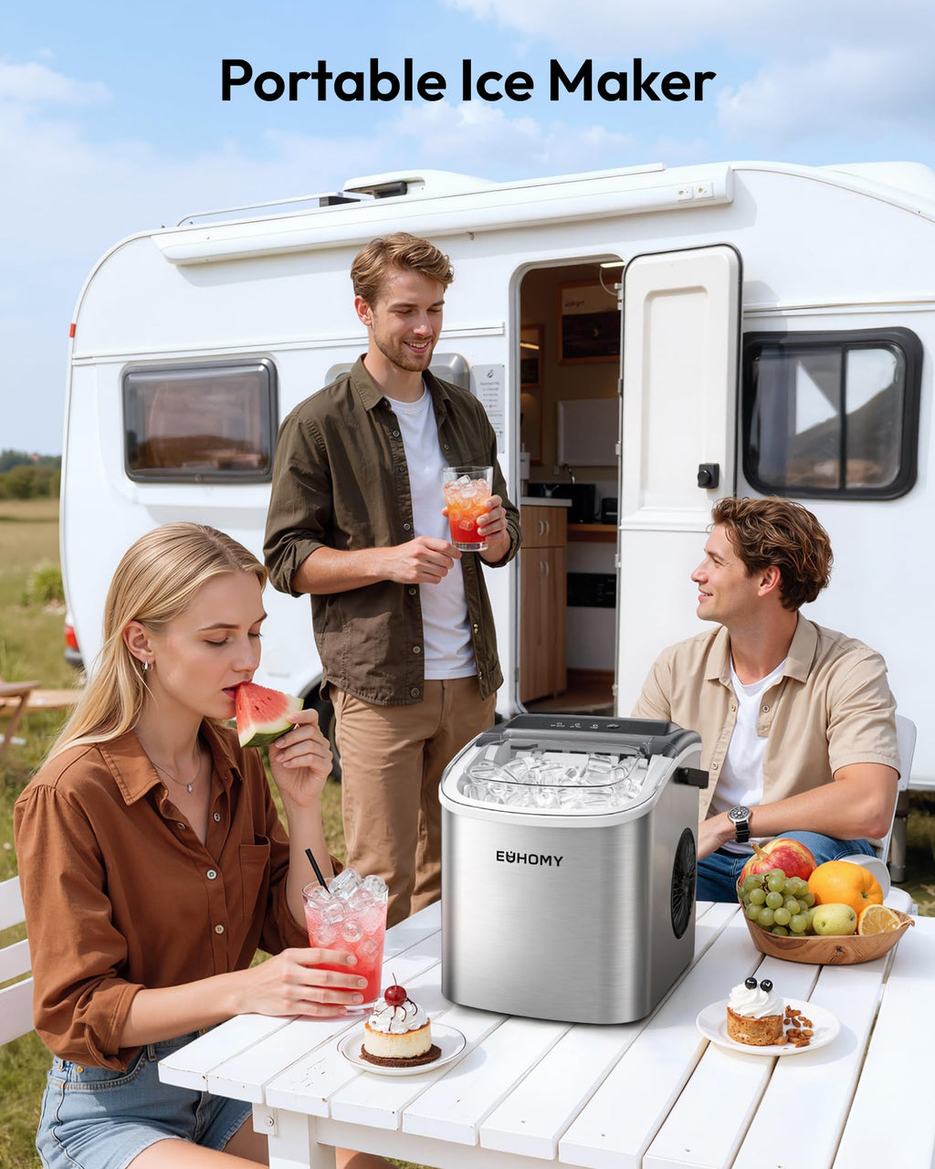 EUHOMY Countertop Ice Maker Machine with Handle, 26lbs in 24Hrs, 9 Ice Cubes Ready in 6 Mins, Auto-Cleaning Portable Ice Maker with Basket and Scoop, for Home/Kitchen/Camping/RV. (Black) Jansha Store