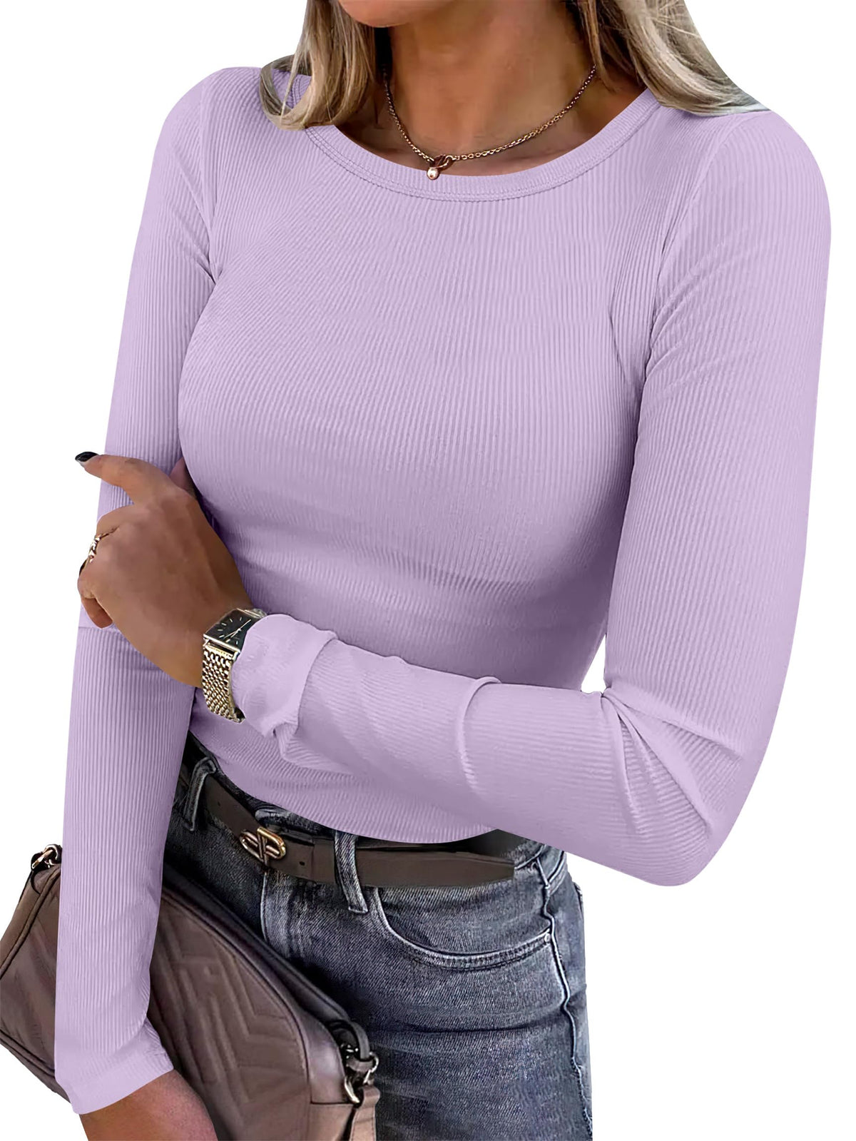 ANRABESS Women Long Sleeve Shirts Ribbed Fitted Tops Jansha Store
