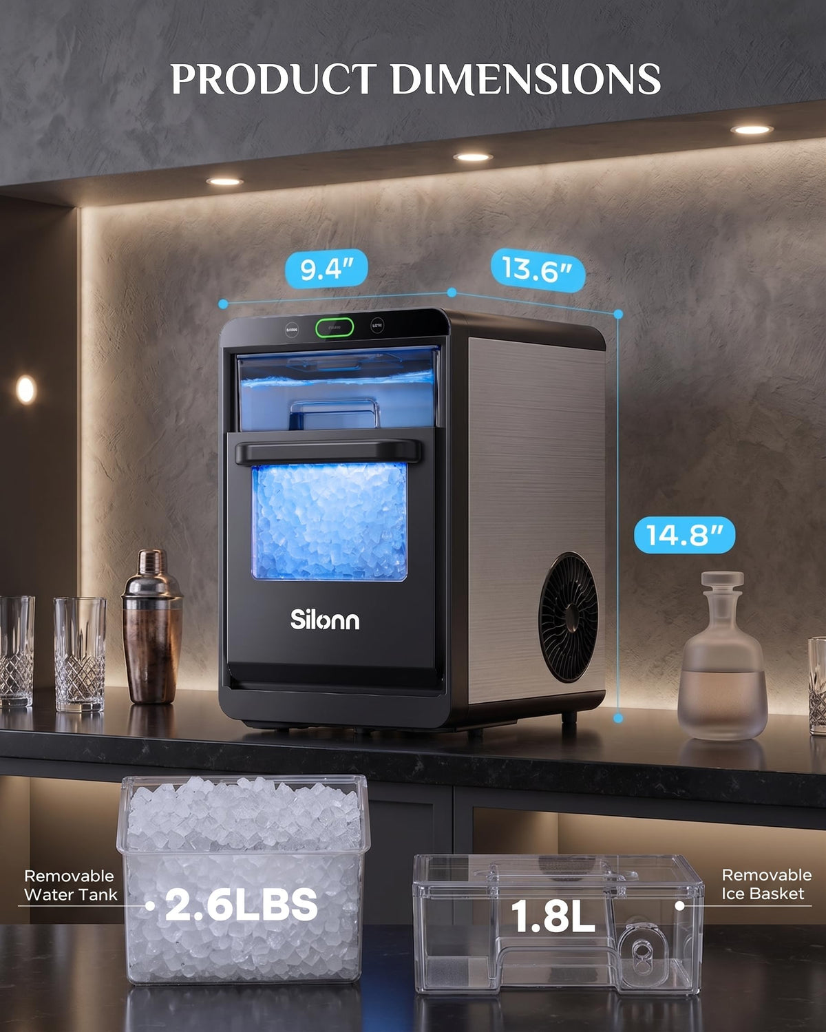 Silonn Ice Maker Countertop, 8 Bullet Ice Cubes in 6 Mins, 26.5 Lbs per Day, 2 Size Options, Self-Cleaning & Portable for Kitchen, Office, Party, RV Camping Jansha Store