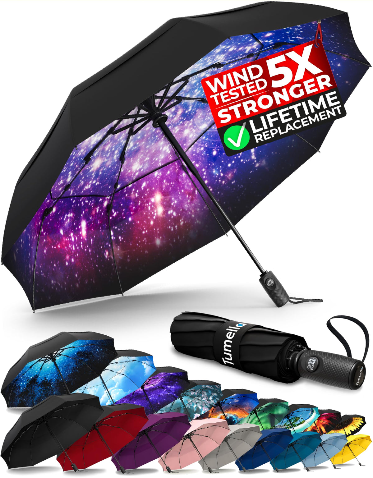 TUMELLA Strongest Windproof Travel Umbrella (Compact, 100MPH Wind-Tested), Light, Portable, One-Handed Use, Automatic Folding Rain Umbrella, Durable, Premium Grip, Fits Car & Backpack Jansha Store