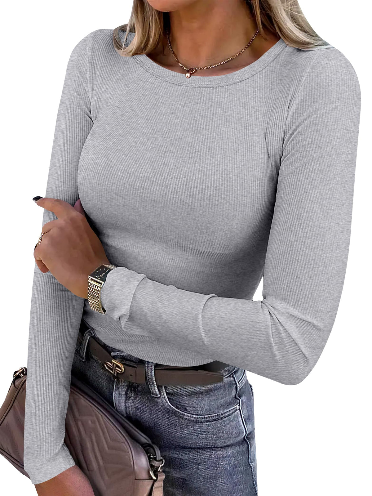 ANRABESS Women Long Sleeve Shirts Ribbed Fitted Tops Jansha Store