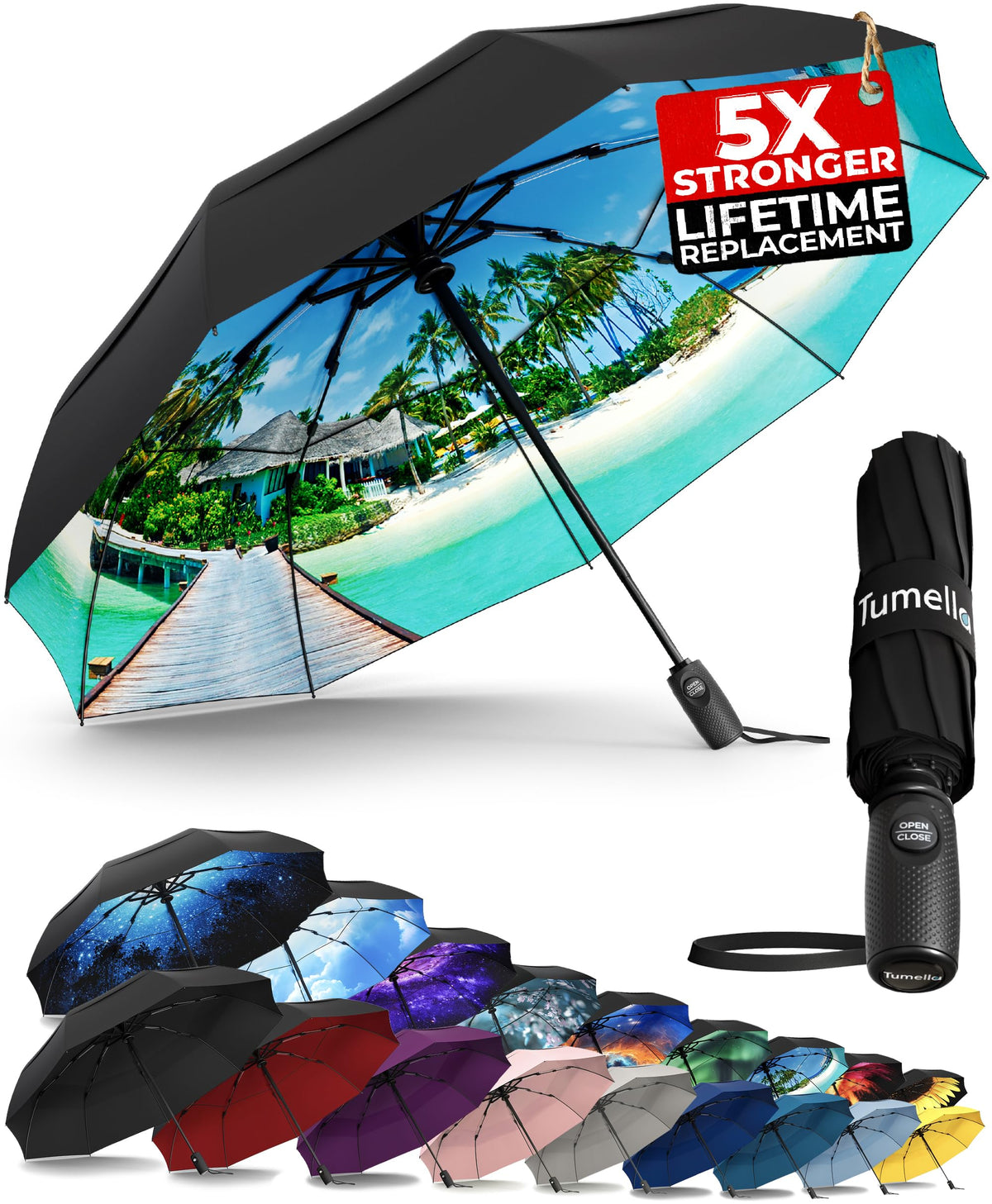 TUMELLA Strongest Windproof Travel Umbrella (Compact, 100MPH Wind-Tested), Light, Portable, One-Handed Use, Automatic Folding Rain Umbrella, Durable, Premium Grip, Fits Car & Backpack Jansha Store