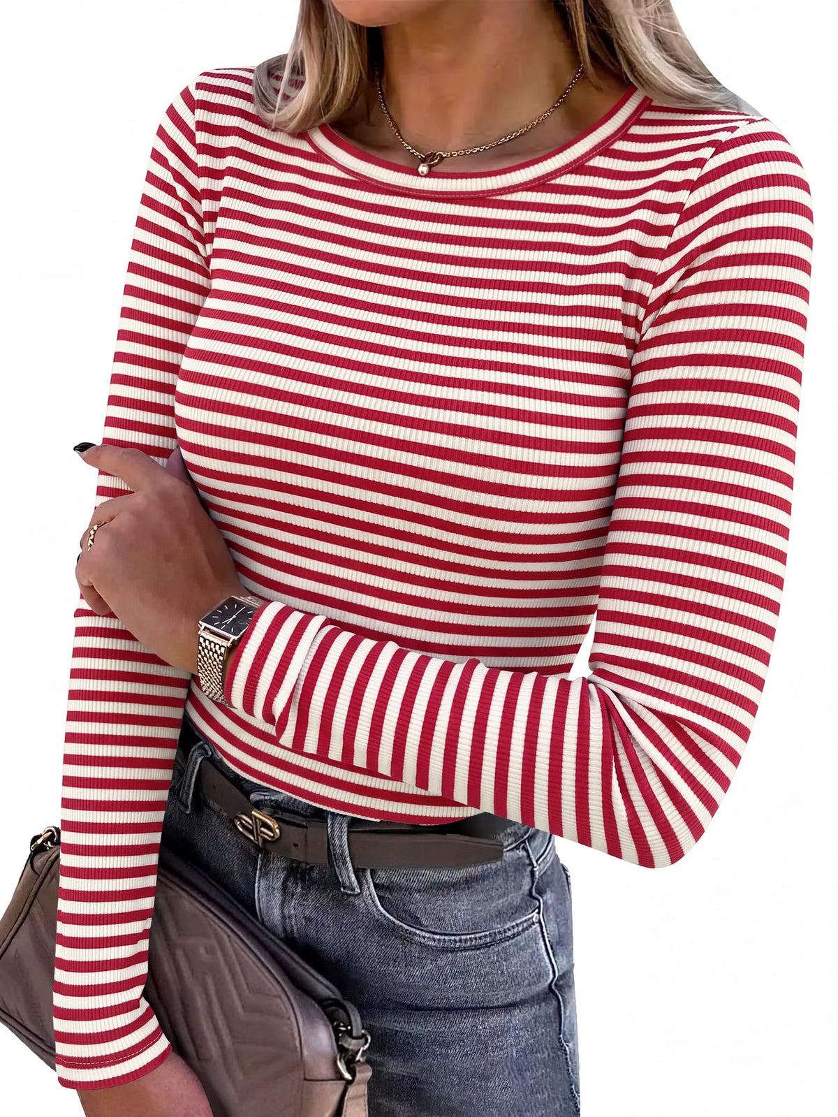 ANRABESS Women Long Sleeve Shirts Ribbed Fitted Tops Jansha Store