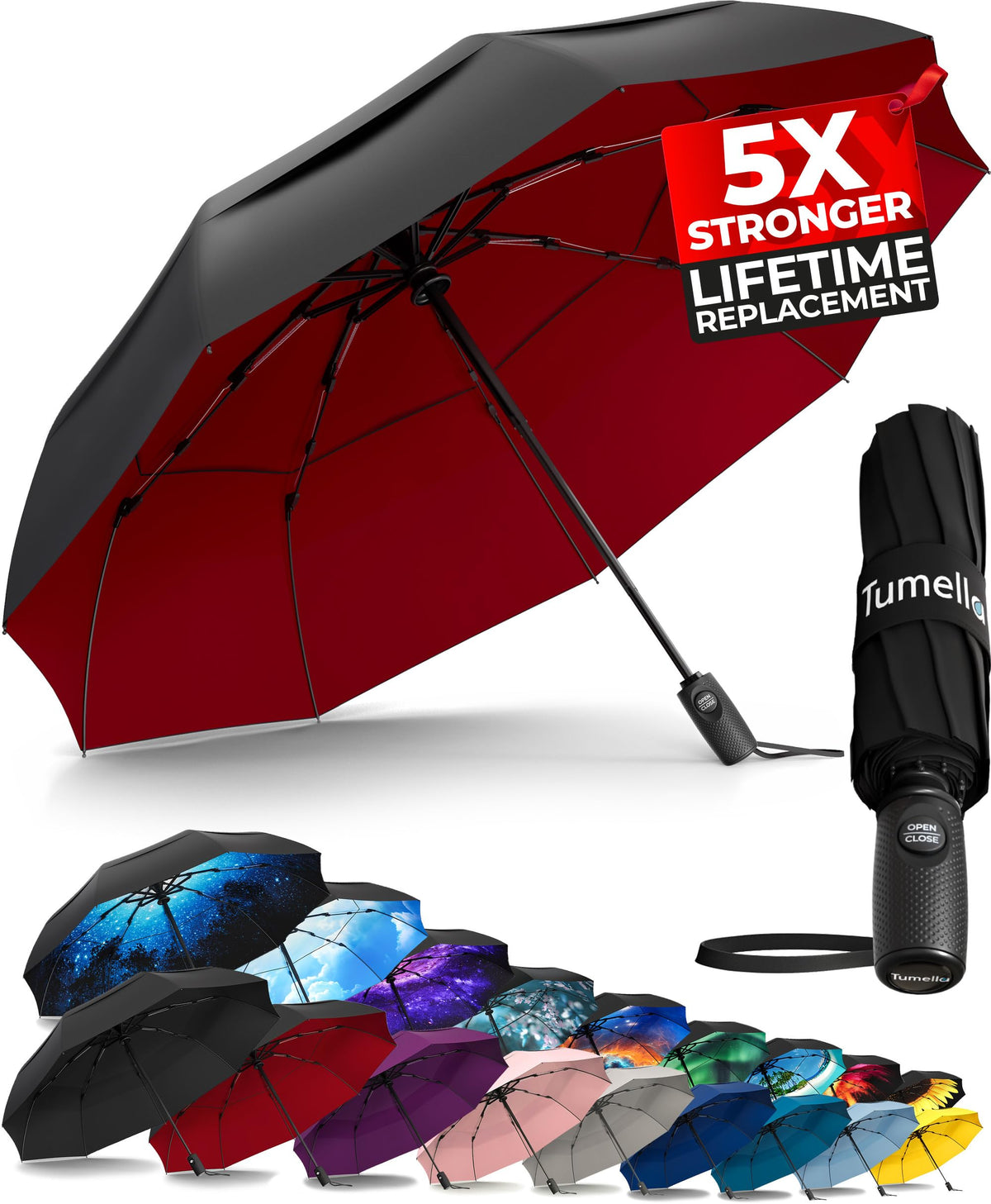 TUMELLA Strongest Windproof Travel Umbrella (Compact, 100MPH Wind-Tested), Light, Portable, One-Handed Use, Automatic Folding Rain Umbrella, Durable, Premium Grip, Fits Car & Backpack Jansha Store