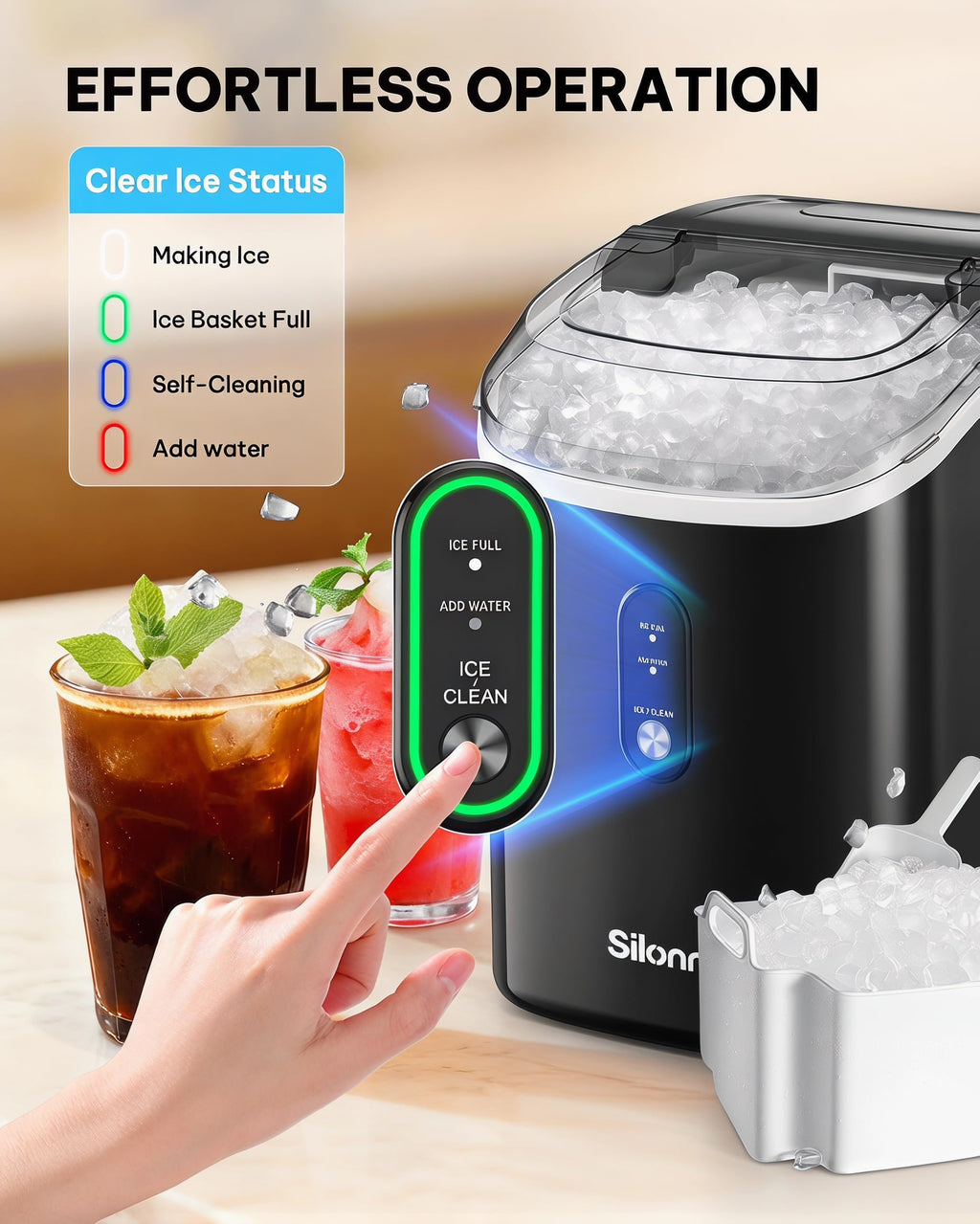Silonn Nugget Ice Maker Countertop, Pellet Ice Machine with Self-Cleaning Function, Sonic Ice Maker Produces 36lbs of Chewable Ice in 24 Hours, Ideal for Home Kitchen and Office (Stainless Steel) Jansha Store